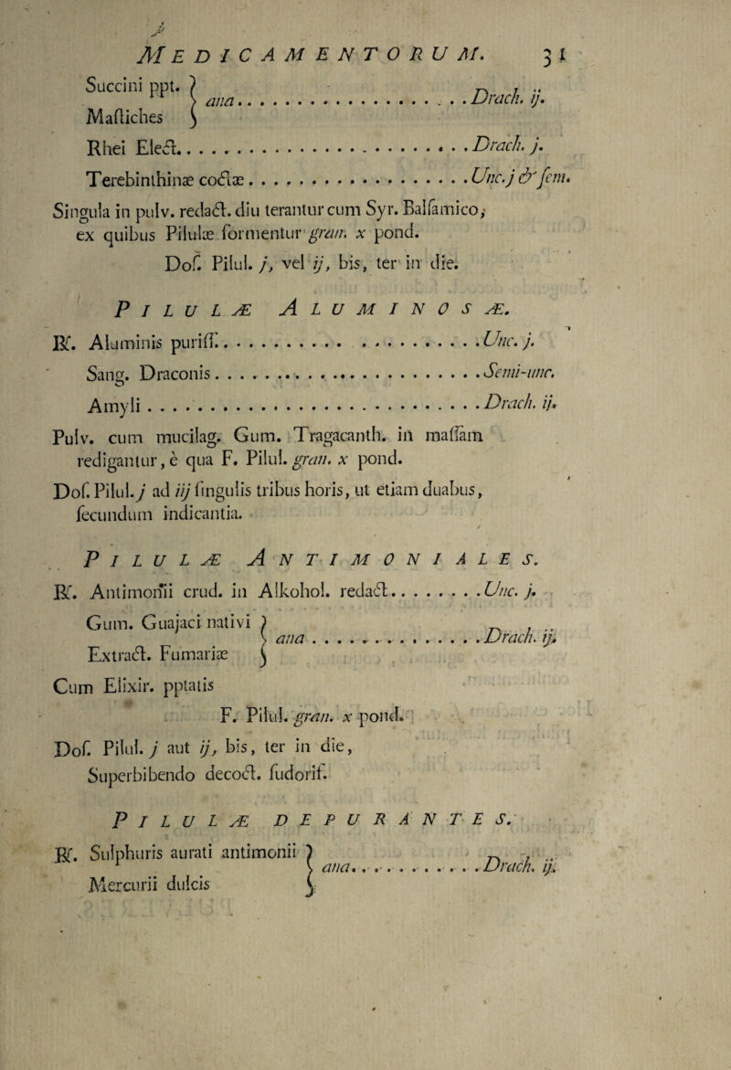 Succini ppt. ) - . 1 r ) ana.. Drach. y. Maftiches ) r — Rhei Eie£l..* • * Drach. j. Terebinthinae co&ae.Unc.j&fem. Singula in pulv. reda&.diu terantur cum Syr. Balfamico,- ex quibus Pilulae formentur gran. x pond. Dof. Pilul. j, vel ij, bis, ter in die. Pilula Aluminosa. I R. Aluminis puriff. • *.Unc.j. Sang. Draconis. ....Serni-unc. Amyli . . . ...Drach. ij. Pulv. cum mucilag. Gum. Tragacanth. in maffam redigantur,e qua F. Pilul.gran. x pond. Dof Pilul.y ad iij fingulis tribus horis, ut etiam duabus, fecundum indicantia. Pilula Anti m o n i ales. R*. Antimonii crud. in Alkohol. redacd.Unc. ). i r h . / V ' i ► * i * .* ' ' 4 Gum. Guajaci nativi ) . ... > ana ..Drach. ij. Extraft. Furnariae ^ Cum Elixir. pptatis F. Pilul. gran. x pond. Dof. Pilul. j aut ij,. bis, ter in die, Superbi bendo decocft. fudorif. Pilula depurantes. Sulphuris aurati antimonii Mercurii dulcis ana.