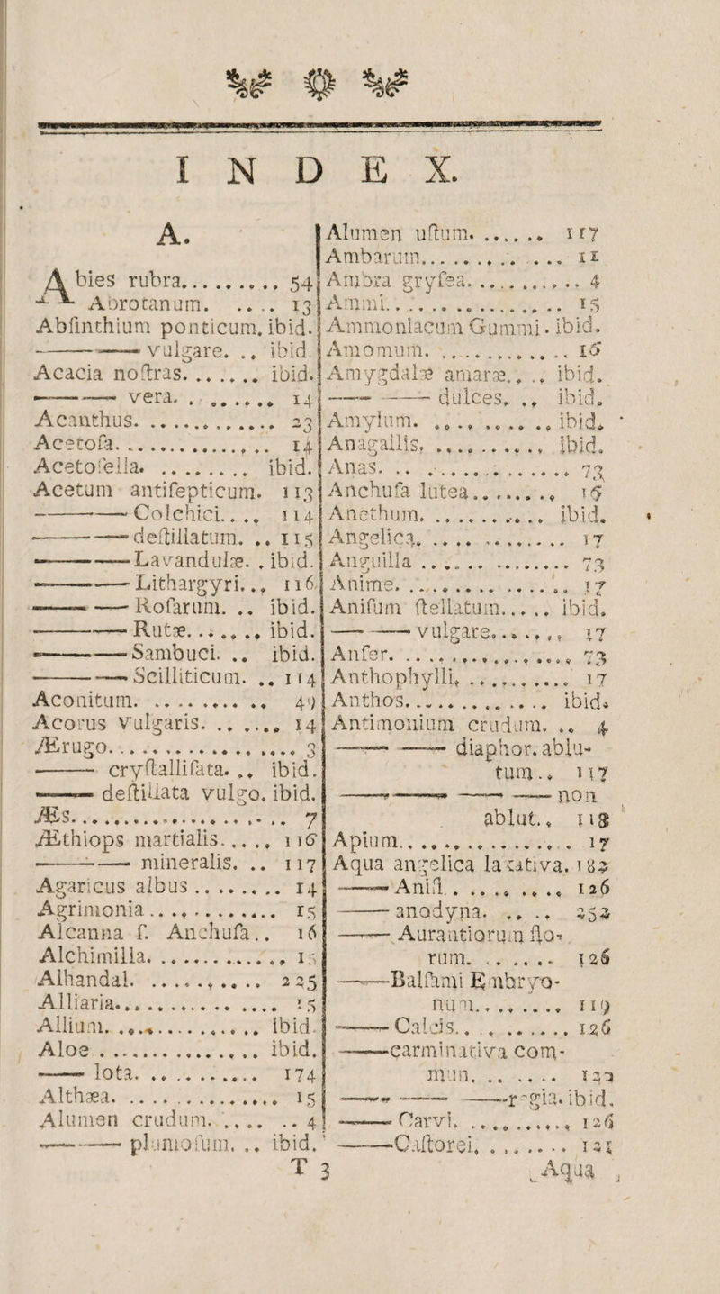 A. A bies rubra.54 -A*- Abrotanum. .... 13 Abfmthium ponticum. ibici. -——vulgare. .. ibici Acaeia nodras.ibid. ~~ “v era. . *•»♦»• 14 j Acanthus. 23 Acetofa. .. ii Aceto fella. . ibid.! Acetum antifepticum. 113 -.— Colchici.... 114 --— defiiliatum. .. 115 — --Lavmndulre. . ibid. — -Lithargyri.., 116 -—~—-Rotarum. .. ibid. --— Rute..... .. ibid. ---—Sambuci. .. ibid. --—-Scilliticum. .. 114 Aconitum.. .. 44 Acorus vulgaris.14 /Erugo.. .... 3 -- cryftallifata. ibid. ——— deliiUata vulgo, ibid. Ms. 7 /Ethiops martialis. nff ■-i-- mineralis. .. 117 Agaricus albus. 14 Agrimonia. 15 Alcanna f. Anchufa.. 16 Alchimilla. 1 a Alhandal. .......... 225 Alliaria... 15 Allium. .. ibid Aloe.ibid. --lota. .. 174 Althea. 15 Alumen crudum..4 ——— plumofum. .. ibid. T Alumen udum.. 1T7 Ambarum. .. . ir Ambra gryfea,_... Ammi.. . . 15 Ammonlacurn Gummi. - ibid. Amomum. .. .. Ib' Amygdale amare., ibid. —--dulces, ibid. Amylum. .... ., ibid* Anagallis. ibid. Anas. .. .■.. .. .. Anchufa lutea.... Anethum. ........... ibid. Angelica. Anguilla .. Anime. .. 17 Anifum ftellaturn... .. ibid. —.-vulgare».. .,, » 17 Anf^r C * 1 l 1. v—/ 1 • » ♦ % * «9*9 •© r? ry * * * Anthophylli,. Anthcxs... ibid» Antimonium crudum. . ® 4» diaphor. ablu¬ tum.» 117 --——«• —— — non. ablut. * 11 s Apium. 17 Aqua angelica la sativa. 1 8$ ■—— Ania.......... 126 -anodyna. .... 453 —-— Aurantiorum ho¬ rum. .. 126 —-—Ballhmi R nbryo- num. 11<> ——-Calcis.. .,.126 -carmi nativa com- mun. 141 -—---rggia. ibid, ——- Oarvi., --C.idorei. 13; 3 .Aqua