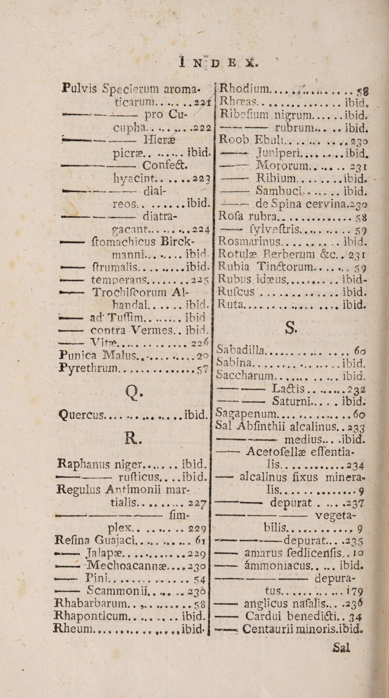 Fulvis Specierum aroma- jRhodium..... R.. ti carum...2^1 j Rhoeas.... ibid, pro Cu- cupha... .222 Hierae picrse.ibid. - Confedt hyacint..222 - diai- reos..ibid. ---—_ diatra- gacnnt,.224 r— fiomachicus Birck- manni........ ibid. -—— Animalis...ibid- *—- temperans........ 225 Trochifcorum Ah handal...... ibid. -- ad' Tuflim.ibid -- contra Vermes., ibid. —\rif'?5 O O fj 7 ) v * . « ^ ♦ o + • e 0 & 9 9 •** ’ Punica. Malus.*'.20 Pyrethrum...57 Ribefmm nigrum.ibid. ~———- rubrum.ibid. Roob Ebuli..230 — Juniperi.ibid. — Mororum.231 — Ribium.ibid. — Sambuci--.ibid. de Spina cervina.230 Quercus.... ........... ibid. Raphanus niger..... .. ibid. * --rufticus.. ..ibid. Regulus Antimonii mar- tialis....227 ■-———— fim- plex.229 Refina Guajaci...61 Jahapse.....229 *— Mechoa cannae.... 230 • -Pini.. ...... .... .. 54 -- Scammonii..... ..236 Rhabarbarum.... 58 Rhaponticum.ibid. Rheum................ibid- Rofa rubra.58 — fylveftris.59 Rosmarinus.. .. .. ibid. Rotulae Berberum &c.. 231 Rubia Ti ndtorum.. 5 9 Rubus idaeus...ibid» Rufcus ..ibid. Idutci.*....«...... .... loid. s. Sabadilla.. .... 60 Sabina.... ..ibid. Saccharum....ibid. -Ladiis...232 — —— Saturni.ibid; Sagapenum.60 Sal Abfinthii alcalinus.. 233 — —-—* medius... .ibid. —— Acefofells efientia- lis.234 — alcalinus fixus minera¬ lis.. .9 —*- depurat.237 ...vegeta- bilis............ 9 “— -—depurat... .235 — amarus fedlicerifis.. 10 -- ammomacus.ibid. — -- depura¬ tus.i 79 -* anglicus natalis... .236 -■ Cardui benedi&i. .34 Centauri! nfinoris.ibkL Sal