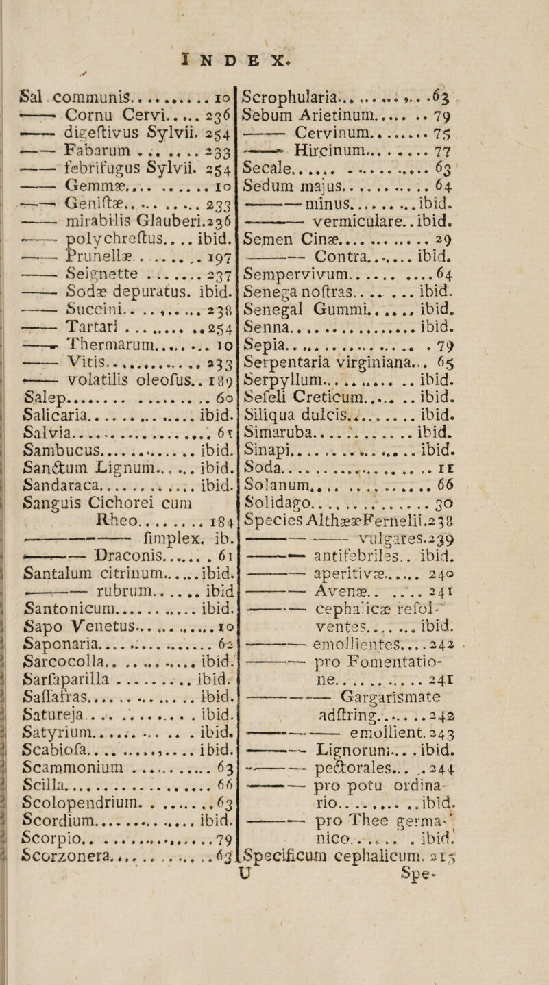 Sal communis.io «- Cornu Cervi.236 - digeftivus Sylvii. 254 •-Fabarum.233 -febrifugiis Sylvii. 254 -- Gemmae.10 -- Geniftae.233 -mirabilis Glauberi.236 -- polychreftus.... ibid. -Prunellae.197 -Seignette.237 -Sodae depuratus, ibid. -—-— Succini.. .. ..238 -Tartari.254 —Thermarum.. - Vitis....233 -- volatilis oleofus..i89 Salep.60 Salicaria.ibid. Salvia.... 6r Sambucus..ibid. San&um Lignum.., ... ibid. Sandaraca. ibid. Sanguis Cichorei cum Rheo.184 --fimplex. ib. •— -Draconis.61 Santalum citrinum.ibid. •-rubrum.ibid Santonicum.ibid. Sapo Venetus...10 Saponaria....62 Sarcocolla..ibid. Sarfaparilla. ibid. Saffafras. ibid. Satureja,.... ........ ibid Satyrium.....ibid. Scabiofa.ibid. Scammonium.63 Scilla.66 Scolopendrium...63 Scordium.ibid. Scorpio.79 Scorzonera.....63ISpecificum cephalicum. U Scrophularia. -63 Sebum Arietinum.79 - Cervinum.75 ——~ Hircinum.77 Secale.63 Sedum majus..64 --minus.ibid. — -vermiculare, .ibid. Semen Cinae.29 -Contra....... ibid. Sempervivum..64 Seneganoftras.. ... ... ibid. Senegal Gummi.ibid. Senna..ibid. Sepia.. .. .79 Serpentaria virginiana... 65 Serpyllum...ibid. Sefeli Creticum,.... ..ibid. Siliqua dulcis....,.... ibid. Simaruba...ibid. Sinapi. ibid. Soda. ir Solanum.*.66 Solidago.30 Species Alth3eseFernelii.2 38 -vulgares. 239 *-antifebriles.. ibid. -aperitivse...... 240 --— Avenae.241 --cephalicae refol- ventes.ibid. -emollientes.... 242 -- pro Fomentatio¬ ne.241 — -Gargaris mate o aduring..... ..242 - emollient. 243 Lignorum... . ibid. pe&orales... ,.244 pro potu ordina¬ rio.ibid. pro Thee germa** nico.. .... .ibid.' i$ Spe-
