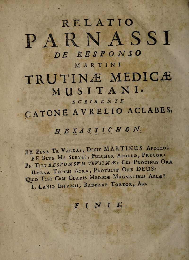 s * relatio PARNASSI DE RESP0 N S O - MARTIN! TRUTINA MEDICiE MUSITANI- scribente CATONE AVRELIO ACLABES^ * # * HEXASTICHO BE Bene Tu Valeas, Dixit MARTINUS Apollo? BE Bene Me Serves, Pulcher Apollo, Precor: En Tibi RESPONSAM TRVTIN*: Cui Protinus Ora Umbra Tectus Atra, Protulit Ore DEUS: Quid Tibi Cum Claris Medicje Magnatibus Aulje? J, Lanio Ineamis, Barbare Tortor, Abi. F r N i s: