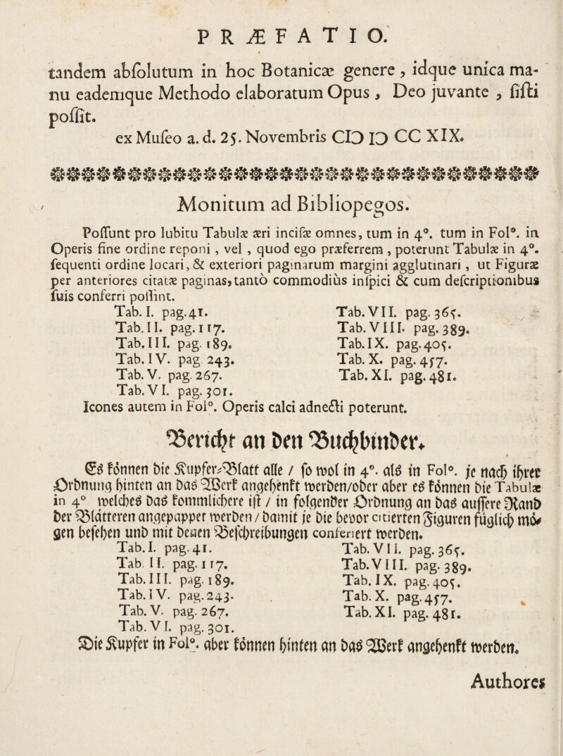 t tandem abiolutum in hoc Botanicse genere , idque unica ma¬ nu eademque Methodo elaboratum Opus , Deo juvante , fifti poffit. ex Mufeo a. d. 25. Novembris CID ID CC XIX. Monitum ad Bibliopegos. Poffunt pro lubitu Tabulx £ri incifbe omnes, tum in 40. tum in Fol°. in Operis fine ordine reponi , vel , quod ego praeferrem , poterunt Tabulae in 40. fequenti ordine locari,& exteriori paginarum margini agglutinari , ut Figuras per anteriores citatae paginas? tanto commodius infpici & cum defcripdombus fuis conferri poilint. Tab. I. pag.4T. Tab. VII. pag. 36^. Tab. IL pag. 117. Tab. VIIL pag. 389. Tab. III. pag. 189. Tab.IX. pag. 40^. Tab. IV. pag 243. Tab. X. pag. 477. Tab.V, pag. 267. Tab. XI. pag. 481* Tab. VI. pag. 301. Icones autem in Fol°. Operis calci adne&i poterunt. 3Sm$f ati Dm 35u<6bmfcr* fonnen bie 5?upfetv^(atf alie / fo root itt 40. alsS ttt Fo!°. jc nacF) tfjvec Ovbnunq htnten an bao 2Berf angefjenft roerben/ober abev t$ fonnen bie Tabui* in 40 toelcbeS bad fommlicbere i(I / in foiqenber Ovbnung an bas aujfere Dtanb bev iSidtteven angepapper roerben / bamit i e bie beoov atievten giguren fuglicb mi> geri befeben unb tnit beaen 35efd>reibimgen confenert roerben. Tab. I. pag. 41. Tab. VII. pag. 36^. Tab If. pag. 117. Tab.VIII. pag. 389. Tab. III. pag. 189* Tab. IX. pag. 40^. Tab. IV. pag. 243. Tab. X. pag. 477. Tab.V. pag. 267. Tab. XI. pag. 481. Tab. VI. pag. 301. SDie Svupfer in Fol°. abev fonnen htnten an bc$ 2Bevf angefjenff tperben. Authorci