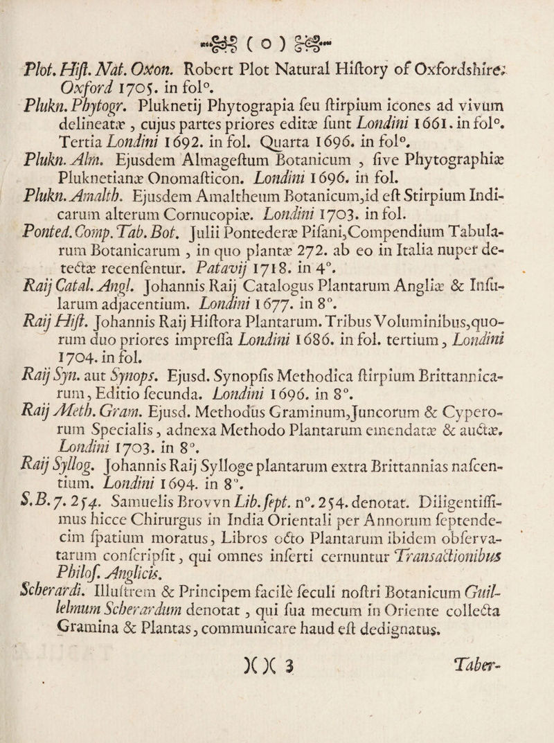 Plot. Hift. Nat. Otton. Robcrt Plot Natural Eliftory of OxforJshlre; Oxford 1705. in fol°. Plukn. Pbytogr. Plnknetij Phytograpia feu ftirpium icones ad vivum delineate 5 cujus partes priores editae funt Londini l66l.infol°* Tertia Londini 1692. infol. Quarta 1696. in fol°. Plukn. Alm. Ejusdem Almageftum Botanicum , five Phytographias Pluknetiana? Onomafticon. Londini 1696* in fol. Plukn. Amalth. Ejusdem Amaltheum Botanicum^id eft: Stirpium Indi¬ carum alterum Cornucopia. Londini 1703. infol. Ponted. Comp. Tab. Bot Julii Pontedcra? PifanfCompendium Tabula¬ rum Botanicarum 3 in quo planta* 272. ab eo in Italia nuper de- tefta? recenfentur. Batavij 1718. in 4°. Raij Catal. Angi. JohannisRaij Catalogus Plantarum Anglii & Infu¬ larum adjacentium. Londini 1677. in 8°. Raij Hift. Johannis Raij Hiftora Plantarum. Tribus Voluminibus^quo- rum duo priores imprefla Londini I686. in fol. tertium 5 Londini 1704. in fol. Raij Syn. aut Synops. Ejusd. Synopfis Methodica ftirpium Brittannica- rum, Editio fecunda. Londini 1696. in 8°. Raij ALetb. Grani. Ejusd. Methodus Graminum Juncor0m & Cypero¬ rum Specialis 3 adnexa Methodo Plantarum emendatas & au&te» Londini 1703. in 8°. Raij Syllog. Johannis Raij Sylloge plantarum extra Brittannias nafcen- tium. Londini 1694. in 8°. S.B.y. 2f4. Samuelis Brovvn Lib.fept. n°. 2 54- denotat. Diligentifli- mus hicce Chirurgus in India Orientali per Annorum feptende- cim fpatium moratus, Libros o<5to Plantarum ibidem obferva- tarum confcripftt 3 qui omnes inferti cernuntur Transactionibus Philoft Angiitis. Seber arda. Illuftrem & Principem facile feculi noftri Botanicum Guil- lelmurn Seber ardum denotat ■> qui fu a mecum in Oriente collefta Gramina & Plantas D communicare haud eft dedignatus.