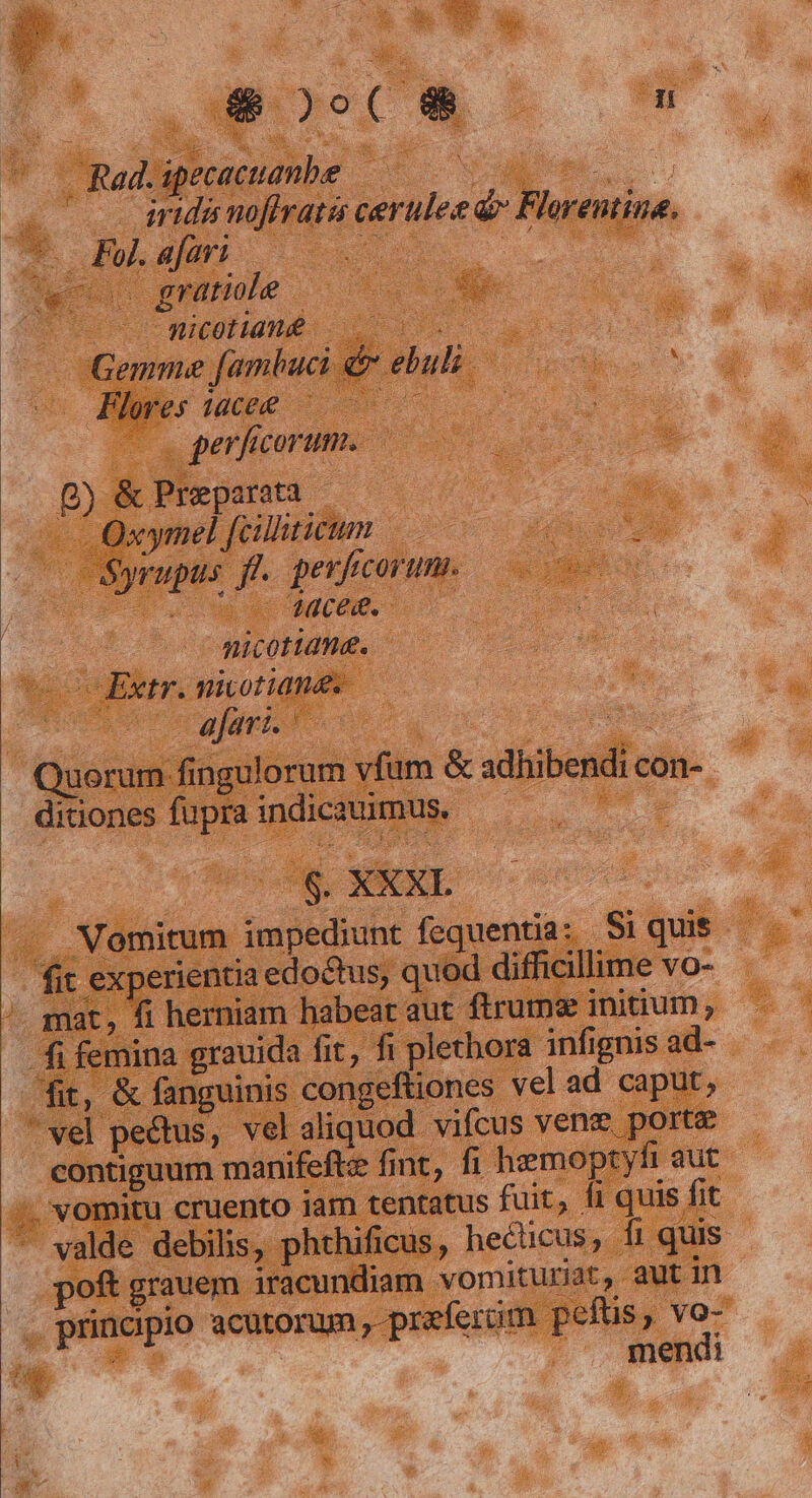 Rad. ipecacuanbe — wo e s o aridémofirata cerulee d» Florentina, *o Pw.ajeri T Pes dec gratole | (cuml: o s y | Gemme fambuci &amp; ebul.—- ^ Flores 10cee ^ 07 : | | perficorum.- B) &amp; Preparata. — Oxymel f[ciluticum | JS$Syrupus f. perficorum. — idc P. 4aced.- i cq m nicotuame. | — Extr. nivotiang. x afari. Quorum fingulorum vfum &amp; adhibendi con- ditiones fupra indicauumus. : . Nomitum impediunt fequentia: Si quis fit experientia edoctus, quod difficillime vo- - mat, fi herniam habear aut ftrume initium , fi femina grauida fit, fi plethora infignis ad- fit, &amp; fanguinis congeftiones vel ad caput, vel pectus, vel aliquod. vifcus venz porte contiguum manifefte fint, fi hzmoptyfi aut |. vomitu cruento iam tentatus fuit, fi quis fit  valde debilis, phthificus, hecticus, fi quis poft grauem iracundiam vomituriat, aut in . principio acutorum, preferuim pefüs, vo- | .. mendi