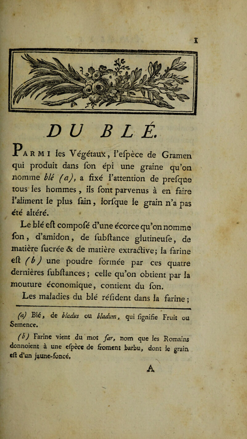 DU BLÉ. Parmi les Végétante, refpèce de Gramen qui produit dans fon épi une graine qu’on nomme blé (a), ^ fixé l’attention de prefqùe tous les hommes , ils font parvenus à en faire i aliment le plus fain, lorfque le grain n’a pas été altéré. Le blé eft compofé d’une écorce qu’on nomme fbn, d’amidon, de fiibftance glutineuie, de matière fucrée & de matière extradive; la farine eïi (b J une poudre formée par ces quatre dernières fubfiances ; celle qu’on obtient par la mouture économique, contient du fon. Les maladies du blé réfident dans la farine; (a) Ble, de hladus ou lîadum, qui fignifîe Fruit ou Semence. (b) Farine vient du mot far^ nom que les Romains donnoient à une efpèce de froment barbu, dont le graiix eft d’un jaune-foncé, a'