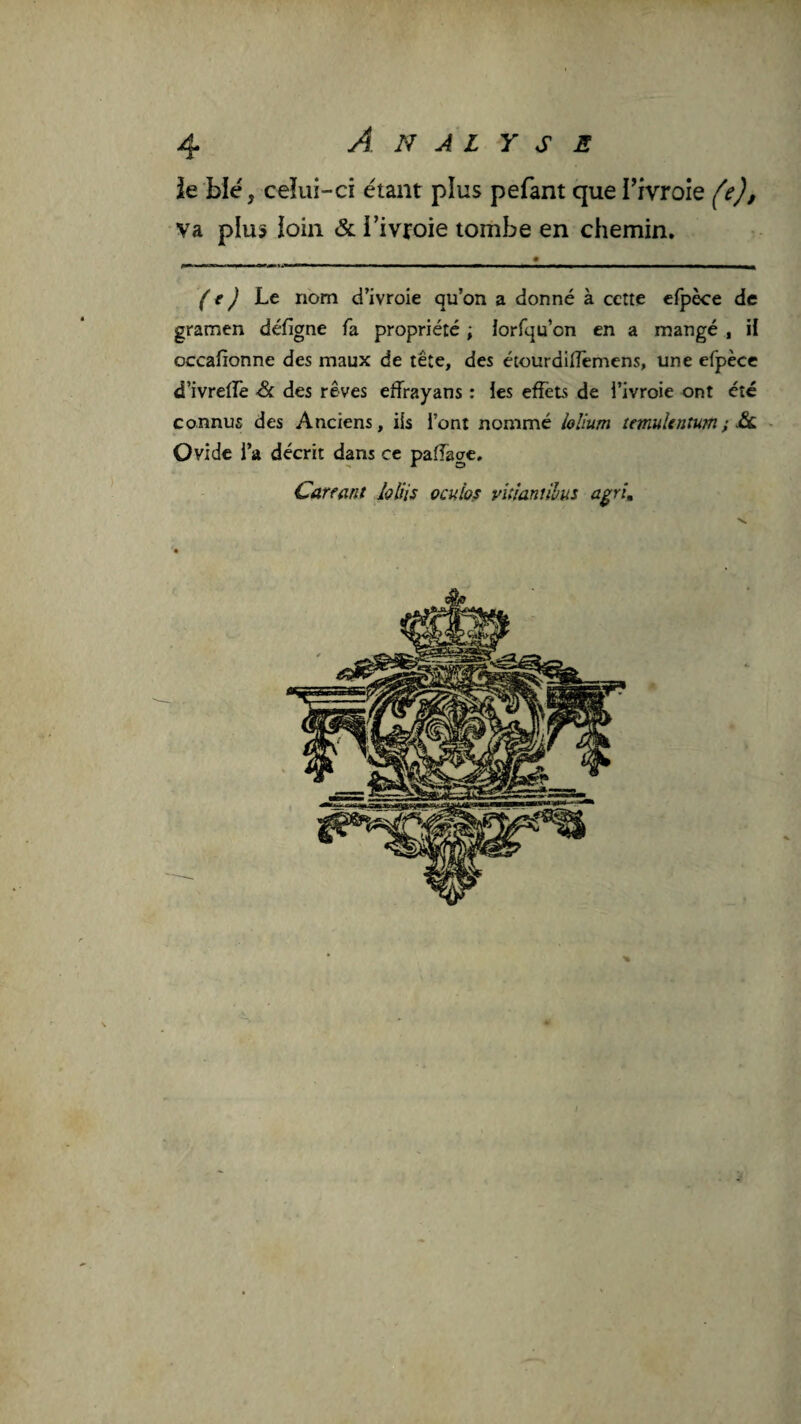 ■ - ■ ^ -f I 4 Analyse le blé, celui-ci étant plus pefant quel’ivroie (e), va plus loin & l’ivfoie tombe en chemin, m i i i» pi— Le nom d’ivroie qu’on a donné à cette cfpèce de gramen défigne fa propriété ; lorfqu’on en a mangé , il occafionne des maux de tête, des étourdiflemens, une efpècc d’ivrelïè & des rêves effrayans : ies effets de i’ivroie ont été connus des Anciens, ils l’ont nommé lolium temulentum; £l • Ovide l’a décrit dans ce paffage, Careant loUis oculo^ vUlaniilus agn\