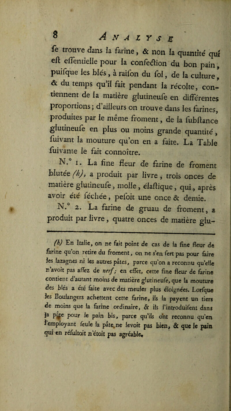 fe trouve dans la farine, & non h quantité qui eft efTentielle pour la confedion du bon pain, puifque les blés, à raifon du fol, de la culture, & du temps qu’il fait pendant la récolte, con¬ tiennent de la matière glutineufe en différentes proportions ; d’ailleurs on trouve dans les farines, produites par le même froment, de la fubftance glutineufe en plus ou moins grande quantité, j fuivant la mouture qu’on en a faite. La Table j fui vante le fait connoître. i N. I. La fine fleur de farine de froment blutée a produit par livre , trois onces de matière glutineufe, molle , élaflique, qui, après avoir été féchée, pefoit une once & demie. N, 2. La farine de gruau de froment, a produit par livre, quatre onces de matière glu— j En Italie, on ne fait point de cas de la fine fleur de ^rine <ju on retire du froment, on ne s’en fert pas pour faire les lazagnes ni les autres pâtes, parce qu’on a reconnu qu’elle r’avoit pas allez de nerf; en effet, cette fine fleur de farine contient d autant moins de matière glutineufe, que la mouture des blés a été faite avec des meules plus éloignées. Lorfquc les Boulangers acbettent cette farine, ils la payent un tiers de moins que la farine ordinaire, & ifs l’introduifent dans ja p^e pour le pain bis, parce qu’ils ont reconnu qu’en 1 employant feule la pâte.ne levoit pas bien, & que le pain qui en réfuitoit n'étoit pas agréable*