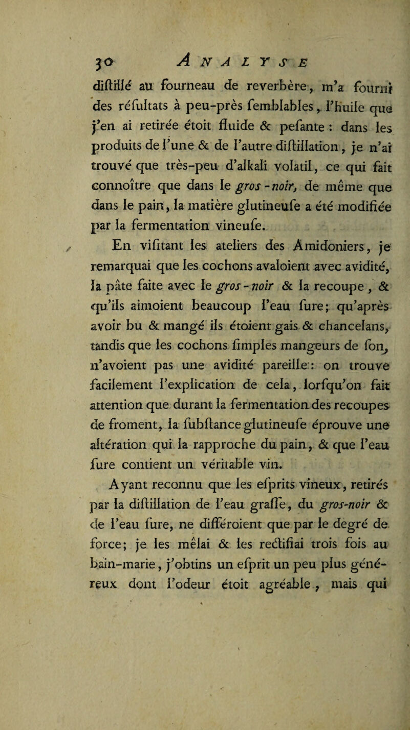 diftîllé au fourneau de reverbère, m’a fourni des réfuitats à peu-près femblablesThuile que j’en ai retirée étoit fluide & pefante : dans les produits de i’une & de l’autre diflillation, je n’ai trouvé que très-peu d’alkalî volatil, ce qui fait connoître que dans le gros-noirj de même que dans le pain, ia matière glutineufe a été modifiée par la fermentation vineufe. En vifitant les ateliers des Amidoniers, je remarquai que les cochons avaloient avec avidité, ia pâte faite avec le gros - noir & la recoupe , & qu’ils ainioient beaucoup i’eau fure; qu’après avoir bu & mangé ils étoient gais & chancelans, tandis que les cochons fimpies mangeurs de foi*^ n’avoient pas une avidité pareille:: on trouve facilement l’explication de cela, lorfqu’on fait attention que, durant ia fermentation des recoupes de froment, ia fubfiance giutineufe éprouve une altération qui ia rapproche du pain, & que l’eau fure contient un véritable vin. Ayant reconnu que les efprits vineux, retirés par la diftillation de i’eau grafle, du gros-noir & de i’eau fure, ne différoient que par le degré de. force; je les mêlai & les reétifiai trois fois au bain-marie, j’obtins un efprit un peu plus géné¬ reux dont l’odeur étoit agréable , mais qui