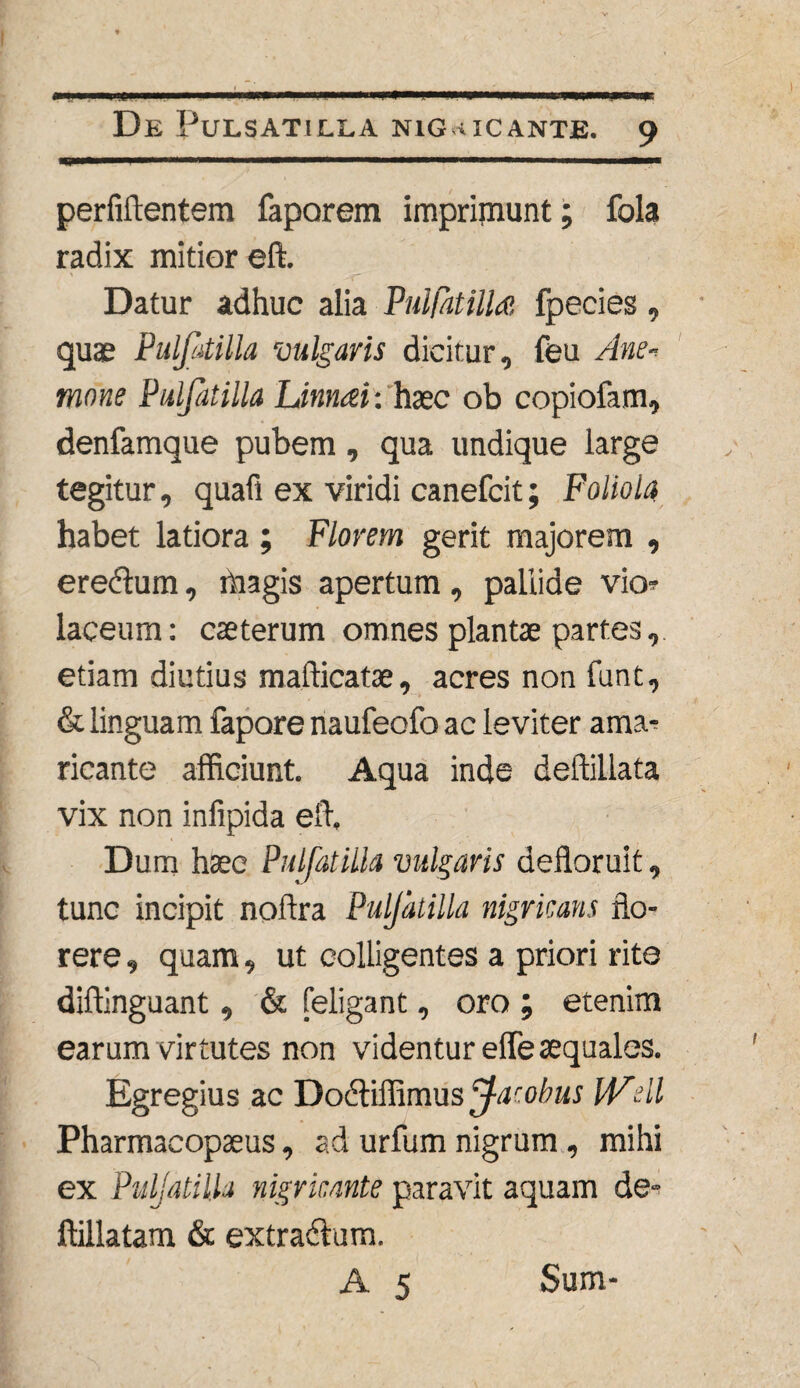 I De PuLSATILLA NIGRICANTE. 9 uni ■ imi lll 1 in I—■ ...» .. perfidentem faporem imprimunt; fola radix mitior eft. Datur adhuc alia Pulfatilla fpecies , quas Pulfatilla vulgaris dicitur, feu Ane- mone Pulfatilla Linnai: haec ob copiofam, denfamque pubem, qua undique large tegitur, quafi ex viridi canefcit; Foliola habet latiora ; Florem gerit majorem , erectum, magis apertum, pallide vio¬ laceum : caeterum omnes plantae partes, etiam diutius mafticatae, acres non funt, & linguam fapore naufeofo ac leviter ama¬ ricante afficiunt. Aqua inde deffillata vix non infipida e it. Dum haec Pulfatilla vulgaris defloruit, tunc incipit noftra Puljatilla nigricans flo¬ rere , quam, ut colligentes a priori rito diffinguant, & [eligant, oro ; etenim earum virtutes non videntur efle aequales. Egregius ac Dodtiffimus jfacobus W'dl Pharmaeopaeus, ad urfum nigrum , mihi ex Puljatilla nigricante paravit aquam de- ftillatam & extradtum.