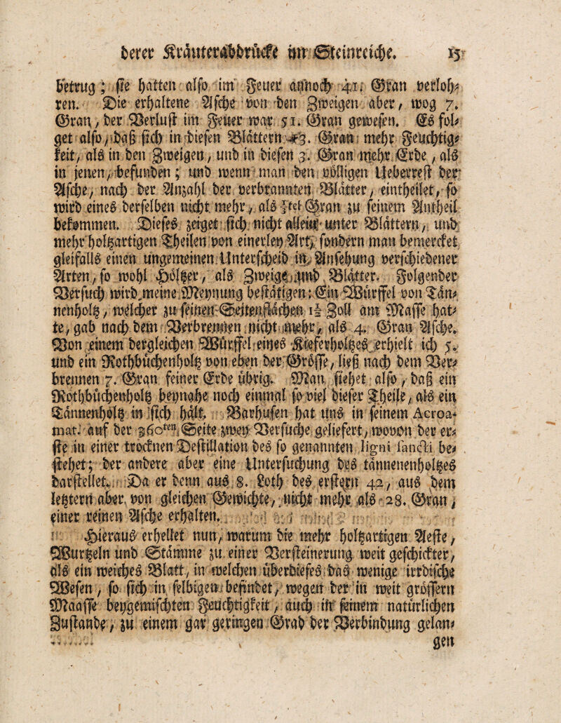 betrug; fie giften alfo im gcuer aiirsocfe 41* ©tan nerlofj* reu. Sie erhaltene 5Ifcfee eon fee« gweigen aber, trog 7. ©van, ber 'Seeluft im geltet mar 51. ©van gemejen. d& fob get «Ifo/iigS ftcfe in tiefe« SSldtterit ■*% ©ran me&r geudbtig* feit/ als in ben gweigen, tmb in tiefen 3. ©tan mehr €’rte, als in jenen, befunben; tinb trenn man ben rolligen Uebetreft ber nad) ber 5jnja[)l ber cerbrannfen. Blatter, eintbeilet, fo tritt eines betfelben nicht mehr, als fut ©ran su feinem Wntfeeil befomnten, ©iefeS jeiget ftcfe nid)t allein!'unter SBldttern, uivb mef)t bösartigen ^fjetlen ron einerlei) $frt, fonbern man bemercfet gletfailS einen ungemeinen llnterfebeib itt,.Sinfe|ung rerfcbiebener 3lrten,fo trobl |>6Ser, als Sireigeiuunb Jöldtter. golgenber Setfucb wivb.meine Sftepung beftafigen: (Sin 'SBurjfel ron 5dm nenboS, welcher p pinen©ejtenftdd)e:ß i| goß am $laflfe lab* te, gab nac|&«n ;.93erbr«^?n a!S 4. ©ran Slfdje* Son einem betglejd)en SEBÜrffel: eines $teferboSeS,erfeiclt ich tmb ein ÜKotbbüdn’nboS ron eben beriüSrSffe, lief) ttacfe bem Ser? brennen 7. ©ran feiner gebe .übrig. S9?an gebet alfo, bog eitt IRotbbucbenboS bepabe noch einmal fooiel tiefer 5bet[e, als ein 5dnnenboS in'gcb bdlt Sarbufen bat uns in feinem Acroa. mat; auf ber 360^4 ©eitepte!)' Setfuäje geliefert, raorcm ber er? ge in einer trodnen ©efrillation beS fo genannten ligni iancti be? gebet; ber anbere aber eine Unterfudjung beS tännenenboSeS barpellet«. 3>a er benn aus s. 2otl> beS erftern 42, aus bem ledern aber, ron gleichen @ewkbte,.nkf)t mehr als '28. ©tan, einer reinen 2lpte erbalten. : ItierauS erhellet nun, warum bre ttrebr boSartrgen Slepe, QBur|eln unb ©tdmme ju einer Setfteinerung weit gefd)icfter, als ein weiegeS Slatt, in welchen überbiefeS baS wenige irtbtfcge QBefen , fo ftcfe in. felbigen bejtnbet, wegen ber in weit groffent Üftaage betjgemifcfeten geuc|tigfeit, auch in feinem notürlidfeen gupanbe, ju einem gar geringen ©rat bet Serbmbung gelan* : „ gen / 1