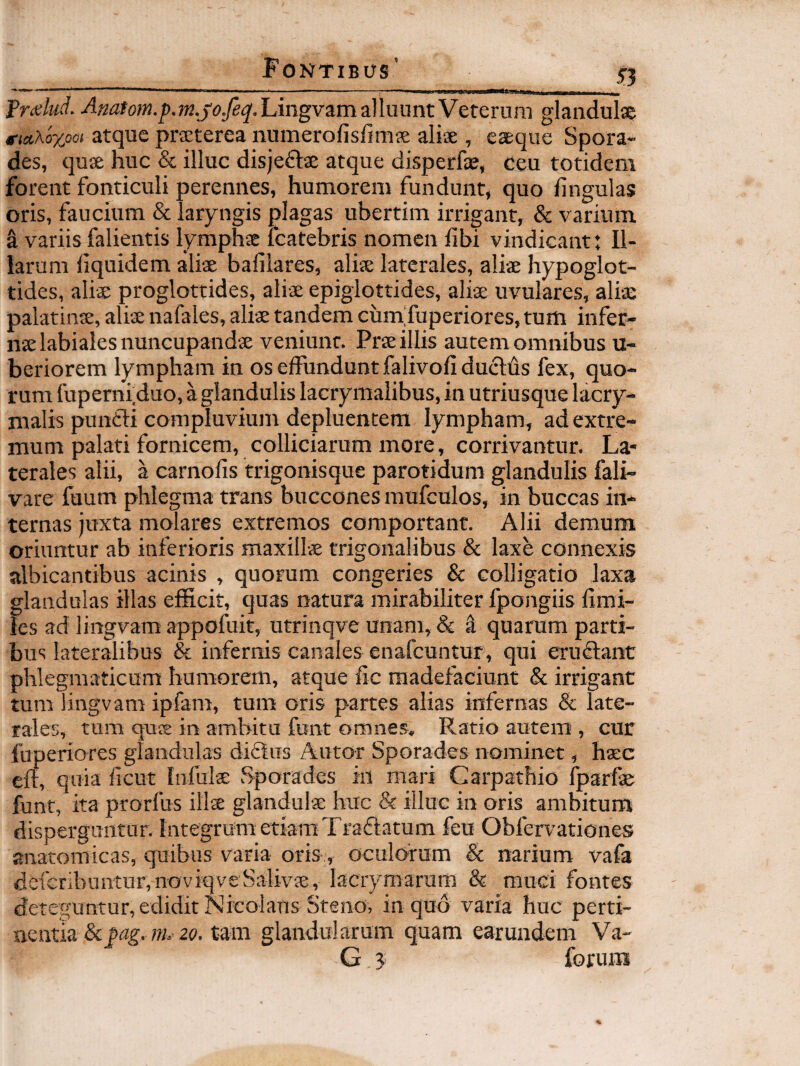 frdud. vi0^io/«.j),»j.ji>^^.Lingvama]Iuunt Veterum glandulae fMXoyjiot atque praeterea numerofislimae aliae , easque Spora¬ des, quae huc & illuc disjeftae atque disperfe, ceu totidem forent fonticuli perennes, humorem fundunt, quo lingulas oris, faucium & laryngis plagas ubertim irrigant, & varium i variis falientis lymphae icatebris nomen libi vindicant: Il¬ larum liquidem aliae bafilares, aliae laterales, aliae hypoglot- tides, aliae proglottides, aliae epigiottides, aliae uvulares, aliae palatinae, aliae nafales, aliae tandem cum,Tuperiores,tum infer¬ nae labiales nuncupandae veniunt. Prae illis autem omnibus u- beriorem lympham in os effundunt falivoliduclds fex, quo¬ rum fuperni.duo, a glandulis lacrymalibus, in utriusque lacry- malis punCti compluvium depluentem lympham, ad extre¬ mum palati fornicem, colliciarum more, corrivantur. La¬ terales alii, a carnolis trigonisque parotidum glandulis fali- vare fuum phlegma trans buccones mufculos, in buccas in¬ ternas juxta molares extremos comportant. Alii demum oriuntur ab inferioris maxillie trigonalibus & laxe connexis albicantibus acinis , quorum congeries & colligatio laxa glandulas illas efficit, quas natura mirabiliter fpongiis limi- ies ad lingvam appofuit, utrinqve unam, & k quarum parti¬ bus lateralibus & infernis canales enafcuntur, qui erudant phlegmaticum humorem, atque fic madefaciunt & irrigant tum lingvam ipfam, tum oris partes alias infernas & late¬ rales, tura qucE in ambitu funt omnes. Ratio autem , cur fuperiores glandulas ditius Autor Sporades nominet, hsec cfl, quia ficut Infula: Sporades in mari Carpathio fparfae funt, ita prorfus illa glandulae huc & illuc in oris ambitum disperguntur. Integrum etiam Traflatum feu Obfervationes anatomicas, quibus varia oris, oculofum & narium vafa dcfcribuntur,noviqveSalivae, lacrymarura & muci fontes deregnntur, edidit Nhcolans Steiio, in quo varia huc perti¬ nentia 20. tam glandularum quam earundem Va- G 5 forum