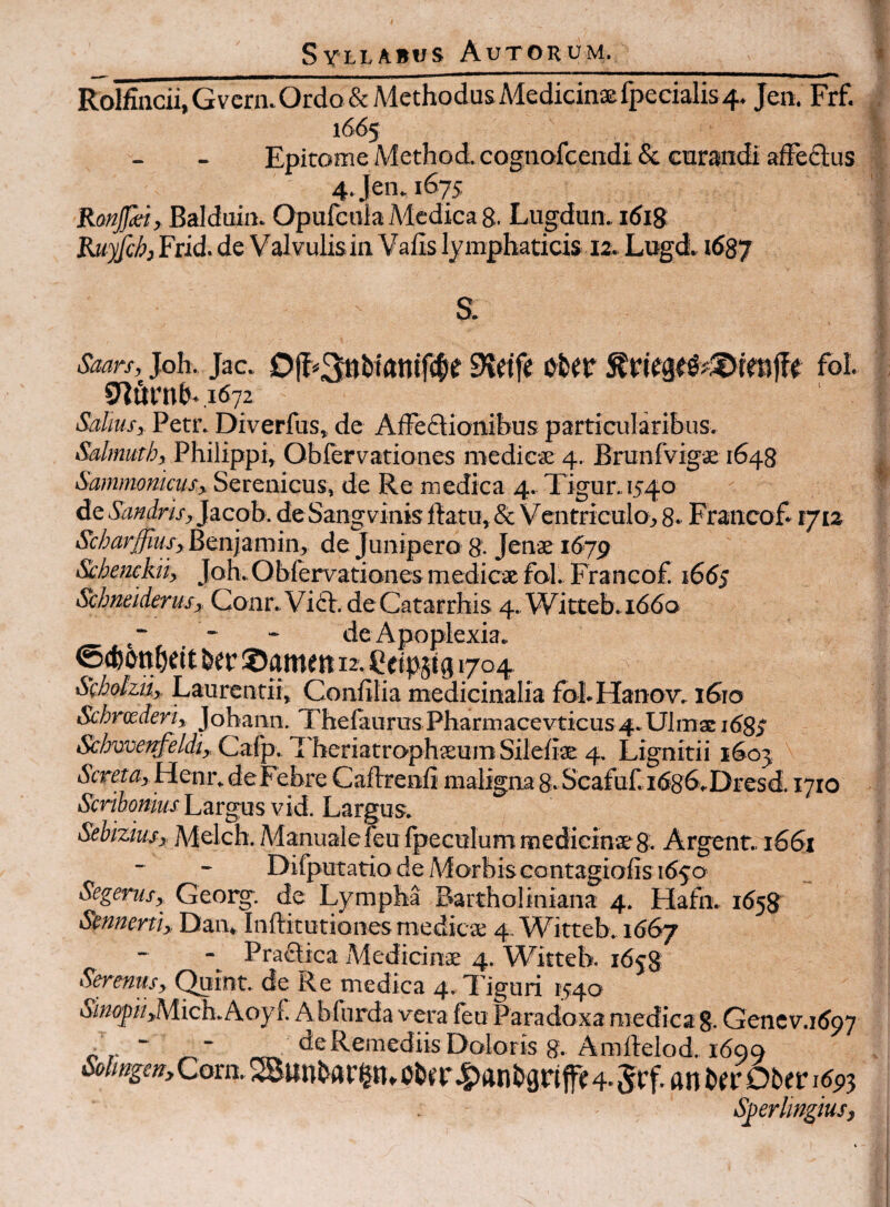 — _■ ■ ■■ —i——————m——Wi^— Rolfincii,GveriROrdo& AicthodusMedicinselp€eialis4. Jen. Frf. 1665 Epitome Method. cognofcendi & curandi afFeflus 4 Jen. 1675 RmJJkt , Balduin. Opufcnla Medica 8. Lugdun. 1618 Ruyfchj Frid. de Valvulis in Vafis lymphaticis 12. Lugd. 1687 S. Smrsj joh. jac. foi. g^hrn&. .1672 Saltus,. Petr. Diverfus, de AfFedionibus particularibus. Salmuth, Philippi, Oblervationes medic-K 4. Bmnfvigae 1648 Sammonkus, Serenicus, de Re medica 4. Tigur.1540 de Jacob. de Sangvinis ftatu, & Ventriculo, 8* Francof. 1712 Scharffius, ^itn]^m\n, de Junipero 8. Jenae 1679 Schemkn, Joh. Oblervationes medicae fol. Fra ncof. 1665 Schneiderus, Conr.VidfV.deCatarrhis 4. Witteb.1660 - * de Apoplexia. ©efeonheit her ©amett 12. eeipst g 1704 Scbodzii, Laurentii, Conlitia medicinalia fobHanov. 1610 Schrcederi, Jobann. ThelaurusPbarmacevticus4.Ulirtsid8^ Schwet^eldi, Cafp. Theriatrophaeum Sileliae 4. Lignitii iSoj, Henr.deFebre Caflrenli maligna 8.Scafuf.i<S86vDresd. 1710 Scribomus Largus vid. Largus. Sebizius, Melch. Manuale leu Ipecolum medicinae 8. Argent. 1661 Difputatio de A^orbiscontagiofis 1650 Segerus, Georg. de Lympha Bartholiniana 4. Hath. 1658 Scnnertl, Dan, Inftitutiones medicae 4. AVitteb. 1667 - Praaica Medicinae 4. Witteb. 1658 Serenus, (^int. de Re medica 4. l’iguri r54o ai»(5pii,Mich.Aoyl. A bfurda vera feu Paradoxa medica g. Gencv.1597 f. r ~ ^ Doloris 8. Amhelod. 1699 Solmgen, Corn. ofcf r.S)ftn tgrifc 4- jrf. an r Dber 1693 S^erlmgius,