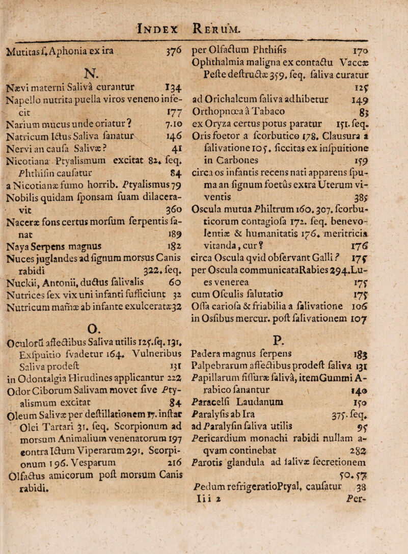 MuticasCAphomaexira 376 N. Naevi materni Saliva curantur I34 Napello nutrita pueila viros veneno infe¬ cit 177 Narium mucus unde oriatur? 7.10 Natricum Idus Saliva lanatuN 14^ Nervi an caufa Salivje? 41 Nicotiana Ptyalismum excitat Teq* Phthifin caufatur 84 aNicotianxfumo horrib. Ptyalismus 79 Nobilis quidam fponsam fuam dilacera¬ vit 3^0 Nacerx fons certus morfum ferpentis fa¬ nat j89 Naya Serpens magnus 182 Nuces juglandes ad lignum morsus Canis rabidi 3^2* Nuckii, Antonii, dudus falivalis 60 Nutrices fex vix uni infanti fufbciunt 32 Nutricum mamx ab infante exuIceratx3Z o. Oculoru afledibus Saliva utilis izf.fq^ 13^ Exfpuitio fvadetur 164, Vulneribus Saliva prodeft 131 in Odontalgia Hirudines applicantur 222 Odor Ciborum Salivam movet live Pty¬ alismum excitat 84 Oleum Salivx per deflillationem 17, indar Olei Tartari 314 feq* Scorpionum ad morsum Animalium venenatorum 197 eontra Idum Viperarum Scorpi¬ onum 196. Vesparum 216 Olfadus amicorum pod morsum Canis rabidi. per Olfadum Phthids 170 Ophthalmia maligna ex contadu Vaccx Pede dedrudx 359* feq, faliva curatur 12^ ad Orichalcum faliva adhibetur 149 Orthopnoea a Tabaco g| ex Oryza certus potus paratur ifi. feq. Oris foetor a fcorbutico £/8, Clausura t falivatione 10 decitas ex infpuitione in Carbones 179 circa os infantis recens nati apparens Ipu- ma an dgnum foetus extra Uterum vi¬ ventis 38^ Oscula mutua Philtrum ido, 307, fcorbu* ticorum contagiofa 172. feq. benevo¬ lentias & humanitatis 1764 meritricia vitanda, cur? iY& circa Oscula qvid obfervant Galli ^ ijf per Oscula communicataRabies a94*Lu- es venerea lyy cum Ofculis falutatio 17^ Oda eariofa & friabilia a falivatione loS in Osfibus mercur. pod falivationem 107 P. Padera magnus ferpens ig| Palpebrarum adedibus proded faliva 131 Papillarum ddurx faliva, item Gumini A- rabico fanantur 14® Paraceld Laudanum Paralyds ab Ira 375'. feq, ad Paralydn faliva utilis Pericardium monachi rabidi nullam a- qvam continebat 2^2 Parotis glandula ad ialivx fecretionem so. n Pedum refrigeratioPtyal, caufatur 38 Ii i 2 Per-