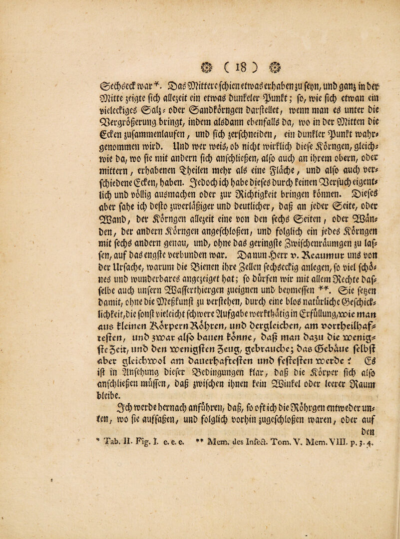 ©ecbdecF war*. S)aöbitterefcbicnetwas!«trabenju feijn, mtb ganj in ber SOlitte jei<jtc ftd> allezeit eilt cfwaö bunfeler ^unff; fo, tvic fiel} etwan ein »ielecFiged ©al$* ober ©anbfdrngcn barfMet, wenn man eö unter bie Q3ergrd§erung bringt, inbem alübann ebenfalls ba, wo in ber Bitten bie geben jufammenlaufen, unb ftcb jetfebneiben, ein bunflcr ^unft wahr» genommen wirb. Unb wer weisi, ob nicht wirtlich biefe jforngen, gleich* n>ic ba, wo fi'e mit anbern fiel) anfcbliefjen, aifo auch an ihrem obern, ober mittern, erhabenen §:beilw wehr alö eine fläche, unb alfo auch »er# fchiebene geben, haben. 3’eboch ich habe biefes Durd) Feinen Cßerfucb eigene lieh unb oöüig auomachen ober jue ÜlicbtigFeit bringen Fonnen. SMefeö aber fahe ich befio jurerldfjiger unb baulicher, bafj an i'eber ©eite, ober <2öaub, ber Königen aSejeit eine »on ben fechs ©eiten, ober 2ßdn« ben, ber anbern fragen angefcblofen, unb folglich ein jebes Äorngen mit fechö anbern genau, unb, ohne bad getingfie gwifcbenrdumgen ju laf* fen, auf bas? engfle oerbunben war. Söanun $err v. Keaumut uns ron ber Urfache, warum bie dienen ihre gellen fedh^ccfig anlegen, fo riet fd>6* ues> unb wunberbared angejeigef hat; fo burfen wir mit allem Rechte baf* felbe auch unfern SBalTerrhiergen jueignen unb beproeffen **. ©ie feiert bamit, ohne bie 3}?efjfun)l ju »erflehen, burch eine bloO natürliche ©efebief* liebfeit,bie fonfl »ieleidbf fchwere Aufgabe werFthdtigin grfu!lung,xpie man aus kleinen Körpern bohren, unb öergleicfcen, am portbeilbaf* reffen, unb 3XPar alfo bauen tonne, baff man bajtt bie xpenig* ffe geit, unb ben xpenigjien Seng, gebrauche; bas (Bebaue felbff aber glcicbxpol am bauerbafteffen unb feftejfen XPerbe i gd ifl in SJnfehung biefet Q5cbingungen Fiar, bafj bie Körper frei) alfo anfchliefeu muffen, baff jwifchen ihnen Fein 2BiuFel ober leerer 3faunt bleibe. Sch werbe hernach artfubwr, bafj, fo oft ich bie Öiohegen enfweberun* ten, wo fie auffafjen, unb folglich »orhitt jugefcblojjcn waren, ober auf ben 18 Tab. 11. Fig. 1. e. e. e. ** Mein» des Infect. Tom. V, Mem. VIII. p. j. 4.