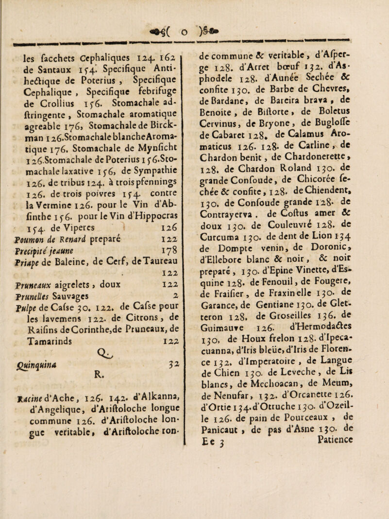 les facchets Ccphaliques 124,. 162 de Santaux If4. Spécifique Anti- he&ique de Poterius , Spécifique Céphalique , Spécifique fébrifuge de Crollius if6. Stomachale ad- ftringente , Stomachale aromatique agréable 176» Stomachale de Birck- man i26*StomachaleblancheAroma« tique 176. Stomachale de Mynficht 126-Stomachale de Poterius 1 f£.Sto- machalelaxative if6, de Sympathie 126» de tribus 124. à trois pfennings 126. de trois poivres if4- contre la Vermine 126. pour le Vin d’Ab- finthe 15* 6. pour le Vin d’Hippocras if4. de Vipères 126 Toumon de Renard préparé 122 Trecipité jeaune 178 Triape de Baleine, de Cerf, deTaureau 122 Truneaux aigrelets > doux 122 Trumlles Sauvages 2 Tulpe deCafse 30* 122» de Cafse pour les lavemens 122. de Citrons, de Raifins deCorinthe,de Pruneaux, de Tamarinds 122 Quinquina 3* Tarne d’Ache, 126. 142» d’Alkanna, d’Angelique, d’Ariftoloche longue commune 126. d’Ariftoloche Ion* guc véritable» d’Ariftoloche ron¬ de commune & véritable , d A (per¬ ge 128* d’Arrêt boeuf 132. d’As* phodele 128* d’Aunéé Sechée & confite 130* de Barbe de Chèvres, deBardane, de Barcira brava, de Benoîte , de Biftorte » de Boletus Cervinus, de Bryone , de Buglofle de Cabaret 128, de Calamus Aro¬ maticus 126. 128« de Cariine, de Chardon bénit, de Chardonerette > 128. de Chardon Roland 130. de grande Confonde, de Chicorée fe- chée ôc confite, 128» de Chiendent, 150* de Confoude grande 128* de Contrayerva . de Coftus amer ÔC doux 130* de Couleuvré 128* de Curcuma 130. de dent de Lion 134 de Dompte venin, de Doronic» d’Elleborc blanc & noir, Ôc noir préparé , 1 30 d’Epine Vinette, d Es» quine 128« de Fenouil, de Fougère, de Fraifier, de FraxinelJe 130. de Garance, de Gentiane 130* de Glet- teron 128* de Groseilles 136* de Guimauve 126. d’Hermodaâes 130, de Houx frelon 128-d’Ipeca- cuanna, d’iris bleue, d’iris de Floren¬ ce 132* d’Impcratoire , de Langue de Chien 130. de Leveche , de Lis blancs, de Mcchoacan, de Meum, deNenufar» 132. d’Orcanette 126. d’Ortiei34.d’Otruche 130. d’Ozeil- le 126* de pain de Pourceaux , de Panicaut > de pas d’Asne 130- de