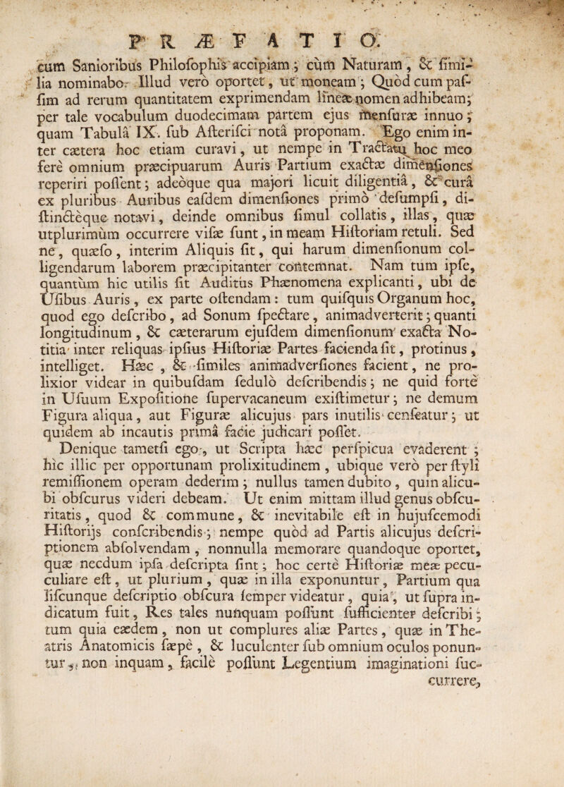 %■ P R. M ¥ A T I O ; cum Sanioribus Philofophis accipiam; cum Naturam, Scii mi¬ lia nominabo. Illud vero oportet , ut moneam; Quod cum paf- fim ad rerum quantitatem exprimendam lineae nomen adhibeam, per tale vocabulum duodecimam partem ejus rnenfurae innuo ; quam Tabula IX. fub Afterifci nota proponam. Ego enim in¬ ter caetera hoc etiam curavi, ut nempe in Tractatu hoc meo fere omnium praecipuarum Auris Partium exaftx dimenfiones: reperiri pollent; adeoque qua majori licuit diligentia, Secura ex pluribus Auribus eafdem dimenftones primo defumpfi, di- ftindteque notavi, deinde omnibus fimul collatis, illas, quae utplurimum occurrere vifae funt,inmeam Hiftoriam retuli. Sed ne, quaefo , interim Aliquis fit, qui harum dimenfionum col¬ ligendarum laborem praecipitanter contemnat. Nam tum ipfe, quantum hic utilis fit Auditus Phaenomena explicanti, ubi de Ufibus Auris, ex parte oftendam : tum quifquis Organum hoc, quod ego defcribo , ad Sonum fpedtare , animadverterit; quanti longitudinum, Sc ceterarum ejufdem dimenfionum exafta No¬ titia'inter reliquas ipfius Hiftoriae Partes facienda fit, protinus, intelliget. Haec , Se 'fimiles aoimadverfiones facient, ne pro¬ lixior videar in quibufdam fedulo defcribendis; ne quid forte in Ufuum Expolitione fupervacaneum exiftimetur; ne demum Figura aliqua, aut Figurae alicujus pars inutilis cenfeatur ^ ut quidem ab incautis prima facie judicari pollet. Denique tametfi ego;, ut Scripta haec perfpicua evaderent ; hic illic per opportunam prolixitudinem , ubique vero per Ityli remillionem operam dederim ; nullus tamen dubito, quin alicu¬ bi obfcurus videri debeam. Ut enim mittam illud genus obfcu- ritatis, quod & commune, Se inevitabile eft in hujufcemodi Hiltorijs confcribendis; nempe quod ad Partis alicujus defcri- ptionem abfolvendam , nonnulla memorare quandoque oportet, quas necdum ipfa defcripta fint; hoc certe Hiftoriae meae pecu- culiare eft, ut plurium , quae in illa exponuntur. Partium qua lifcunque defcriptio obfcura lemper videatur, quia, ut fupra in¬ dicatum fuit, Res tales nunquam poliunt fufficienter defcribi; tum quia eaedem, non ut complures aliae Partes, quae in The¬ atris Anatomicis faepe , Sc luculenter fub omnium oculos ponun¬ tur ^ non inquam, facile poflunt Legentium imaginationi fuc- currere, j