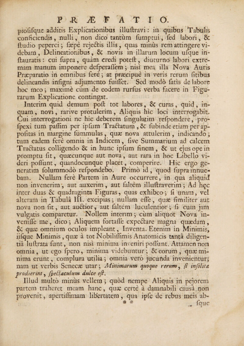 piofilque additis Explicationibus illuftravi: in quibus Tabulis conficiendis, nulli, non dico tantum fumptui, fed labori, 6c (ludio peperci; faepe rejedlis illis, quas minus rem attingere vi¬ debam , Delineationibus, Sc novis in illarum locum ufque in* ftauratis : cui fupra, quam credi potefl:, diuturno labori extre¬ mam manum imponere defperaflem; nisi mea illa Nova Auris Praeparatio in omnibus fere; at praecipue in veris rerum (itibus delineandis infigni adjumento fuiffet. Sed modo fatis de labore hoc meo; maxime cum de eodem rurfus verba facere in Figu¬ rarum Explicatione contingat. Interim quid demum po(l tot labores, Sc curas, quid, in¬ quam , novi, rari ve protulerim , Aliquis hic loci interrogabit. Cui interrogationi ne hic deberem finguladm refpondere, pro- fpexi tum paflim per ipfum Tradiatum , 6c fubinde etiam per ap« pofitas in margine fummulas, quae nova attulerim , indicando; tum eadem fere omnia in Indicem, (ive Summarium ad calcem Tractatus colligendo in hunc ipfum finem, & ut ejus ope in promptu fit, quascunque aut nova, aut rara in hoc Libello vi¬ deri poflunt, quandocunque placet, comperire. Hic ergo ge¬ ne rati m folummodo refpondebo. Primo id, quod fupra innue¬ bam. Nullam fere Partem in Aure occurrere, in qua aliquid non invenerim', aut auxerim, aut faltem illuftraverim; Ad h^c inter duas & quadraginta Figuras, quas exhibeo; fi unam, vel alteram in Tabula III. excipias; nullam efle, quae fimiliter aut nova non fit, aut audtior, aut faltem luculentior; fi eum jam vulgatis comparetur. Nollem interim ; cum aliquot Nova in- venifle me, dico; Aliquem fortafle expedlare magna quaedam , quae omnium oculos impleant, Inventa. Etenim in Minimis, iifque Minimis, quae a tot Nobiliflimis Anatomicis tanta diligen¬ tia lu(Irata funt, non nisi minima inveniri poflunt. Attamen non omnia, ut ego fpero, minima videbuntur; & eorum, quae mi¬ nima erunt, complura utilia; omnia vero jucunda invenientur; nam ut verbis Senecae utar; Minimarum quoque rerum, (i infolita prodierint, fpettacuium dulce eft. Illud multo miniis vellem ; quod nempe Aliquis in pejorem partem traheret meam hanc, quae certe a damnabili causa non provenit, apertiffimam libertatem , qua ipfe de rebus meis ab- # # fque