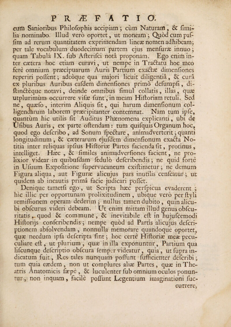 cum Sanioribus Philofophis accipiam ; cum Naturam , & fimi- lia nominabo. Illud vero oportet, ut moneam ; Quod cum paf- fim ad rerum quantitatem exprimendam lineae nomen adhibeam; per tale vocabulum duodecimam partem ejus menfurae innuo; quam Tabula IX. fub Alterifci nota proponam. Ego enim in¬ ter caetera hoc etiam curavi, ut nempe in Traftatu hoc meo fere omnium praecipuarum Auris Partium exaftae dimenfiones reperiri pollent; adebque qua majori licuit diligentia, & cura ex pluribus Auribus eafdem dimenfiones primo defumpfi, di- ftindteque notavi, deinde omnibus fimul collatis, illas, quse utplurimum occurrere vifae fiunt, in meam Hiitoriam retuli. Sed ne, quaefo , interim Aliquis fit, qui harum dimenfionum col¬ ligendarum laborem praecipitanter contemnat. Nam tum ipfe, quantum hic utilis fit Auditus Phaenomena explicanti, ubi de Ufibus Auris, ex parte oltendam : tum quifquis Organum hoc, quod ego defcribo, ad Sonum fpectare, animadverterit; quanti longitudinum , 6c caeterarum ejufdem dimenfionum exacfia No¬ titia inter reliquas iplius Hi Horiae Partes facienda fit, protinus , intelliget. Haec , Sc fimiles animadverliones facient, ne pro¬ lixior videar in quibufdam ledulo defcribendis; ne quid forte in Ufuum Expolitione fupervacaneum exillimetur; ne demum Figura aliqua, aut Figurae alicujus pars inutilis cenfeatur; ut quidem ab incautis prima facie judicari pollet. Denique tametfi ego , ut Scripta haec perfpicua evaderent ; hic illic per opportunam prolixitudinem , ubique vero per Ityli remillionem operam dederim ; nullus tamen dubito, quin alicu¬ bi obfcurus videri debeam. Ut enim mittam illud genus obfcu- ritatis, quod commune, inevitabile elt in hujufcemodi Hiltorijs confcribendis; nempe quod ad Partis alicujus defcri- ptionem abfolvendam , nonnulla memorare quandoque oportet, quae necdum ipfa defcripta lint; hoc certe Hiftoriae mese pecu- culiare elt, ut plurium , quae in illa exponuntur. Partium qua lifcunque defcriptio obfcura lemper videatur, quia , ut fupra in¬ dicatum fuit , Re& tales nunquam poliunt fumcienter defcribi; tum quia eaedem , non ut complures aliae Partes, quae in The¬ atris Anatomicis faepe , St luculenter fub omnium oculos ponun¬ tur, non inquam, facile poliunt Legentium imaginationi fiuc- currere,