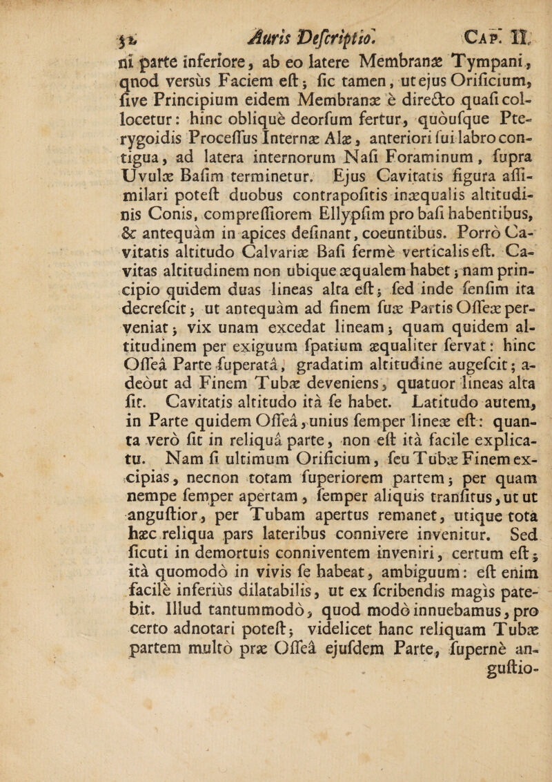 ni parte inferiore, ab eo latere Membrana* Tympani , qnod versus Faciem eft; fic tamen, ut ejus Orificium, five Principium eidem Membranas e direfto quafi col¬ locetur: hinc oblique deorfum fertur, quoufque Pte- rygoidis Proceffus Internae Alas, anteriori fui labro con¬ tigua, ad latera internorum Nafi Foraminum, fupra Uvulas Bafim terminetur» Ejus Cavitatis figura afll- milari poteft duobus contrapofitis inaequalis altitudi¬ nis Conis, comprefliorem Ellypfim pro bafi habentibus, & antequam in apices definant, coeuntibus. Porro Ca¬ vitatis altitudo Calvariae Bafi ferme verticalis eft. Ca¬ vitas altitudinem non ubique aequalem habet * nam prin¬ cipio quidem duas lineas alta eft* fed inde (enfim ita decrefcitj ut antequam ad finem fuae Partis Qfieae per¬ veniat vix unam excedat lineam 5 quam quidem al¬ titudinem per exiguum fpatium aequaliter fervat: hinc Oflea Parte fu perata, gradatim altitudine augefcit; a- deout ad Finem Tubae deveniens, quatuor lineas alta fit. Cavitatis altitudo ita fe habet. Latitudo autem, in Parte quidem Oflea,unius femper lineis eft : quan¬ ta vero fit in reliqua parte, non eft ita facile explica¬ tu. Nam fi ultimum Orificium, feu Tubse Finem ex¬ cipias, necnon totam fuperiorem partem 5 per quam nempe femper apertam , femper aliquis tranfitus, ut ut anguftior, per Tubam apertus remanet, utique tota haec reliqua pars lateribus connivere invenitur. Sed ficuti in demortuis conniventem inveniri, certum eft; ita quomodo in vivis fe habeat, ambiguum: eft enim facile inferius dilatabilis , ut ex fcribendis magis pate¬ bit. Illud tantummodo, quod modo innuebamus, pro certo adnotari poteft ; videlicet hanc reliquam Tubae partem multo prae Oflea ejufdem Parte, fuperne an- guftio-