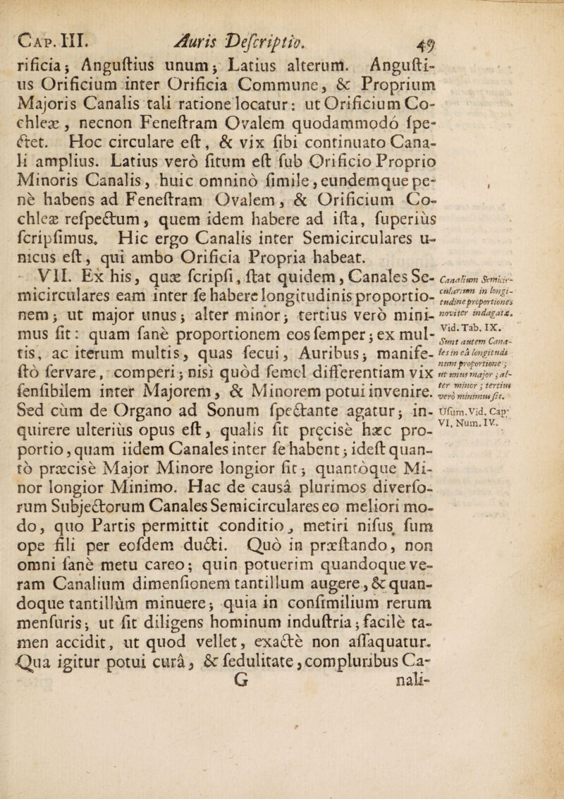 rificia* Anguftius unum* Latius alterum. Angufti- us Orificium inter Orificia Commune, & Proprium Majoris Canalis tali ratione locatur: ut Orificium Co¬ chlea* , necnon Feneftram Ovalem quodammodo fpe- <ftet. Hoc circulare eft, & vix fibi continuato Cana¬ li amplius. Latius vero fitum eft fub Orificio Proprio Minoris Canalis, huic omnino fimile,eundemquepe¬ ne habens ad Feneftram Ovalem, & Orificium Co¬ chleae refpe£tum, quem idem habere ad ifta, fuperius fcripfimus, Hic ergo Canalis inter Semicirculares u- meus eft, qui ambo Orificia Propria habeat. VII. Ex his, quae fcripfi, ftat quidem, Canales Se¬ micirculares eam inter fe habere longitudinis proportio¬ nem * ut major unus* alter minor* tertius vero mini¬ mus fit: quam fane proportionem eos femper* ex mul¬ tis, ac iterum multis, quas fecui, Auribus* manife- fto fervare, comperi* nisi quod femel differentiam vix feniibilem inter Majorem, & Minorem potui invenire. Sed cum de Organo ad Sonum fpe&ante agatur* in¬ quirere ulterius opus eft, qualis fit pr^cise haec pro¬ portio, quam iidem Canales inter fe habent* ideft quan¬ to prascise Major Minore longior fit* quantbque Mi¬ nor longior Minimo. Hac de causa plurimos diverfo- rum Subjeitorum Canales Semicirculares eo meliori mo¬ do, quo Partis permittit conditio ^ metiri nifus fum ope fili per eofdem du6ti. Quo in prxftando, non omni lane metu careo; quin potuerim quandoque ve¬ ram Canalium dimenfionem tantillum augere,&quan- doque tantillum minuere* quia in conftmilium rerum menfuris* ut fit diligens hominum induftria* facile ta¬ men accidit, ut quod vellet, exafte non affaquattir. Qua igitur potui cura, &fedulitate,compluribusCa~ G n ali» Canalium Semicir- cularittm in longi- tudineproportiones novi ter indagat x, Yid.Tab. IX. Sunt autem Cana¬ le sin ea longitndi numproportione • itt tmm major ; al¬ ter minor; tertius vero minimusJit. Ufum.Vid. Cap” VI, Num. IV.