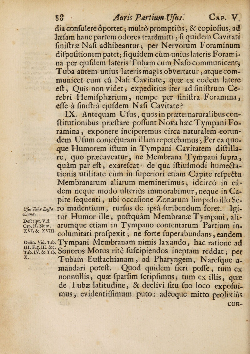 dia confulere oportet; multo promptius , &c copiofius, ad tefam hanc partem odores tranimitti ; fi quidem Cavitati finiftra Nafi adhibeantur; per Nervorum Foraminum difpofitionem patet; fiquidem cum unius lateris Forami¬ na per ejufdem lateris Tubam cum Nafocommunicent^ Tuba autem unius lateris magis obvertatur, atque com¬ municet cum ea Nafi Cavitate, quae ex eodem latere eft; Quis non videt, expeditius iter adfiniftrum Ce¬ rebri Hemifphaerium, nempe per finiftra Foramina, efle a finiftra ejufdem Nafi Cavitate? IX. Antequam Ufus, quos in prceternaturalibuscon- ftitutionibus prxftare poifunt Nova hxc Tympani Fo¬ ramina , exponere inciperemus circa naturalem eorun¬ dem Ufum conjeduram illam repetebamus ; Per ea quo¬ que Humorem iftum in Tympani Cavitatem diftilla- re, quo praecaveatur, ne Membrana Tympani fupra, quam par eft, exarefcat • de qua iftiuimodi humefta- tionis utilitate cum in fuperiori etiam Capite refpeftu Membranarum aliarum meminerimus; idcirco in ea¬ dem neque modo ulterius immorabimur, neque in Ca¬ pite fequenti, ubi occafione Zonarum limpido illo Se- TJfm Tuba Eufta- rO madentium , rurfus de ipsa fcribendum foret. Igi- Def ri t via tur Humor ille, poftquam Membrana Tympani, ali- Cap. H. Num. arumque etiam in Tympano contentarum Partium in- XVI’& xvm' columitati profpexit; ne forte fuperabundans,eandem Deiin. vid.Tab. Tympani Membranam nimis laxando, hac ratione ad Tabuvi& Tab! Sonoros Motus rite fufcipiendos ineptam reddat; per Tubam Euftachianam, ad Pharyngem, Narefque a- mandari poteft. Quod quidem fieri pofle, tum ex nonnullis, quse fparfim Icripfimus; tum exiliis, qux de iubx latitudine, & declivi fitu fuo loco expofui- mus, evidentiftimum puto: adeoque mitto prolixius con-