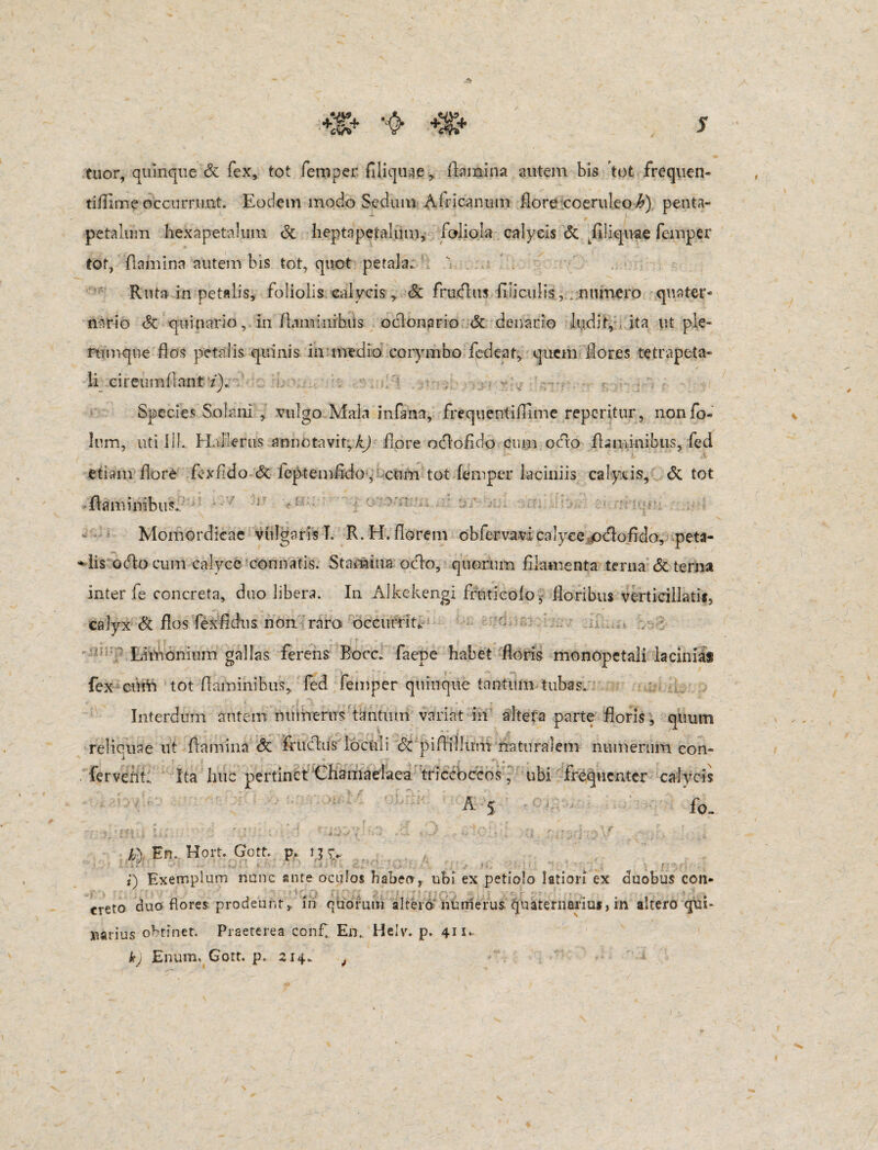 tuor, quinque &L fex, tot femper filiq 113e , (lamina autem bis tot frequen- ti/firneoccurrunt. Eodem modo Sedum Africanum flore coeruleo £) penta- petalum hex a petalum <5c beptapetalum, foliola calycis & tfiliquae femper tot, (lamina autem bis tot, quot petala. Ruta in petalis, foliolis calycis, & fruxfhw filiculis, . numero quater* nario & quinario, in /Liminibus oclonario & denario ludit, ita ut ple¬ rumque flos petalis quinis in medio corymbo fedeat, quem flores tetrapeta- li ci reum flant /). • : s Species Solani , vulgo Mala infana, frequentiflime repentur, nonfo- Ium, uti III. Hali erus annotavit, k) flore odlofido cum obro flaminibus, fed  '  ’ i' A etiam flore flxfldo & ieptemfldo , cum tot femper laciniis calycis, & tot flaminibus.. .i? 01 -r rr: * m Momordicae viilgarisl. R.H. florem obfervavicalyceto(flofido, peta- His Gcflocum calyce connatis. Stamina odio, quorum filamenta terna & terna inter fe concreta, duo libera. In Alkekengi ffuticolo* floribus vertieillatis, calyx & flos fexfidus non raro occurri A Limonium gallas ferens Bocc. faepe habet floris monopetali lacinias fex ciim tot flaminibus, fed femper quinque tantum tubas. Interdum autem numerus tantum variat in altera parte floris , quum relicuae ut flamina & friiclds loculi Si piflillum naturalem numerum con- i • v 1 .. ferverit. Ita huc pertinet Chamaelaea triccbccos ubi frequenter caly \ /cis /A En., Hort. Gott. p. 15 r. i) Exemplum nunc ante oculos habeo, ubi ex petiolo latiori ex duobus con¬ creto duo flores prodeunt,, in quorum altero numerus quaternarius, in altero qui¬ narius obtinet. Praeterea confi En. Helv. p. 411- k) Enum. Gort. p. 214. 4