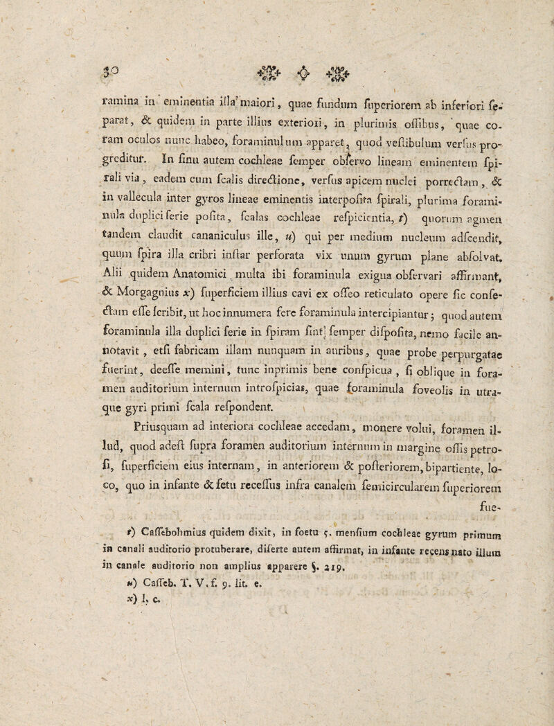 lamina m eminentia illa maiori, (|iiae fundum fuperlorem ab inferiori fe- parai, dc quidem in parte illius exterioii, in plurimis ofhbus, quae co¬ ram oculos nunc habeo, fora minui um apparet, quod vefiibulum verius pro¬ greditur. In finu autem cochleae femper obfervo lineam eminentem fpi- rali.via, eadem cum fcal is diredione, ver fus apicem nuclei porre clam , Sc in vallecula inter gyros lineae eminentis interpofita fpirali, plurima forami- nula duplici ferie pedta, fcalas cochleae refpicientia, t) quorum agmen tandem claudit cananiculus ille, u) qui per medium nucleum adfcendit. quum fpira illa cribri inflar perforata vix unum gyrum plane abfolvat. Alii quidem Anatomici f multa ibi foraminula exigua obfervari affirmant, <& Morgagnius x) fuperficiem illius cavi ex offeo reticulato opere fic confe- dlam effe feribit, ut hoc innumera fere foraminula intercipiantur ; quod autem foraminula illa duplici ferie in fpiram flnt] femper difpoffta, nemo facile aiv= iiotavit , etfi fabricam illam nunquam in auribus, quae probe perpurgatae fuerint, deefTe memini, tunc itiprimis bene confpicua , fi oblique in fora« men auditorium internum introfpicias, quae foraminula foveolis in utra- que gyri primi fcala refpondent. Priusquam ad interiora cochleae accedam, monere volui, foramen il« lud, quod adefl fnpra foramen auditorium internum in margine offis petro- fi, fuperficiem eius internam, in anteriorem & pofferiorem,bipartiente, lo¬ co, quo in infante defetu receffus infra canalem femicircularem fuperiorem fue- r) CafTebohmius quidem dixit, in foetu menfium cochleae gyrum primum in canali auditorio protuberare, diferte autem affirmat, in infante recens nato illum in canale auditorio non amplius apparere §, 319. *) Caffieb, X. V,£ 9. Iit. e. '