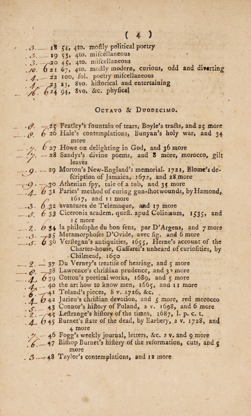 ,3_e8 ^4, 4to, moftly political poetry - 19 ^3, 4to, mifcellaneous 45, 4to. inifcellaneous 0 21 67, 4to. mo illy modern j curious, odd and dmrtmg 22 100, fol. poetry mifcellaneous ^ ^-^3 23» Bvo. hiftorical and entertaining ,/o. Octavo & Duodecimo. ^(9^ -7,25; , 6 26 - z- f: 27 28 7,30 b 3« -.3- <^2 -.4. 6 33 -Z. • l!? • -7^ 636 — 37 039 .4. »42 • or.^ 43 . -/45 -4-0+5 .f.-M .5 - 48 Featley’s fountain of tears, Boyle’s trails, and 25 more Hale’s contemplations) Bunyan’s holy war, and 34 more Howe on delighting in God, and 36 more Sandys’s divine poems, and 8 more, morocco, gilt leaves Morton’s New-England’s memorial. 1721, Blomc’sde- feription of Jamaica, 1672, and 28 more Athenian fpy, tale of a tub, and 35 more Paries’ method of curing gun-lhotwounds, byHamond, 1617, and 11 more avantures de Telemaque,, and 17 more Ciceronis academ. quell, apud Coiinaeum, 1^35) and 1 4 more la philofophe du bon fens, par D’Argens, and 7 more Metamorphofes D’Ovide, avec lig. and 6 more Verhegan’s antiquities, 1655, jHerne’s account of the Charter-houfe, Gaffarei’s unheard of curiolities, by Chilmead,, 1650 , Du Verney’s treatife of hearing, and 5 more Lawrence’s chriilian prudence, and 3 7 more Cotton’s poetical works, 1689, and 5 more the arthov/ to know men, 1665, and 11 more Toland’s pieces, 8 v, 17.26, &c. ^ jurieu’s chriilian devotion, and 5 more, red morocco Connor’s hillory of Poland, 2 v, 1698, and 6 more Lcllrange’s hillory df the times, 1687, 1. p. c. t. Burnet’s Hate of the dead, by Barbery, 2 v. 1728, and 4 more 1 Fogg’s weekly jourhal, letters, &c. 2 v. and 9 more Bilhop Burnet’s hilldry of tiie reformation, cuts, and | more Taylor’s contemplations, and 12 more