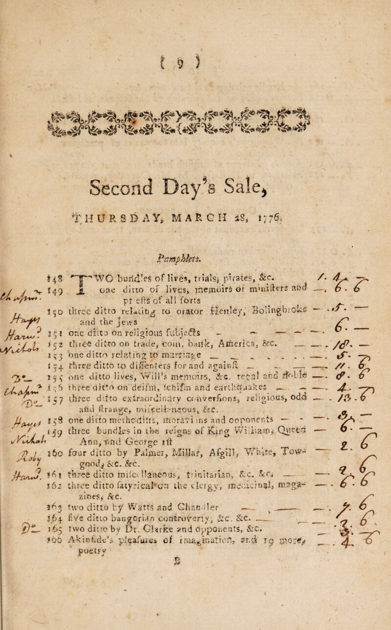 Second Day^s Salc) T H U R S I> A Yi MARCH iS, 1776. /,/ y ®49 M~a^ \jyjc4-^^ 4 /Z)' i^o i 51 J52 i 54 15s i' r* ' / *■(^41* ^ 5 ^ 160 J-hci^ CiA^. ?62 •I 6-? 264 165 ?0D ^^nmphicti, ^'■~|^'WO builfl!es of lives, trials^ pirates, &c. J, oae ditto of lives, liiemoirs or muiiderS aR(5 pt efts of all forts three ditto reUtiP^^ to orator Henley, Solingbroke and the Jews one ditto on relisi'oiis fiibisifls ~ vl? V thred ditto on trade^ com, bailk, America, &:c, — one ditto reiatinjy to marfia^^e _ . three ditto to diiTenters for and againft •- —~ one ditto lives, Will’s memoirs, &c. recal and three dit*o on de'ifm, ichifm and earthquakes ^ three ditto extraordinary c( nverfiOns, ieligioos, odd and flrans^e, miicelhoi^ous, fjc. one ditto raetho'diUs, irioraad ms and ooponents — three bundles in th« reigns of King Vyilliam,; Qnecd Ann^cnd George fft four ditto by Palmer, J/Iillar, AfpllK W^hite, Tow- gootk &e. three ditto mile; Haneous, trinitarian, ^,c. —■ three ditto fatyrical*on the Geigy, medichigij zines^ Ac. two ditto by' Watts and. Ghrsn.der —^ ...- fVe ditto bangoriun corrtroveriy^ Ac. &c.- -- two ditto by Dr. Gierke and opponents, &c, Afkinhde’s pleafurei of ima^^ioationj and jg poetry /. 4 .A — /cP- - tT* -ps, f 4~ ' 7n v/5-6 'li*- t. C .hf )■ ^ ^ r ' I' ^ ' I