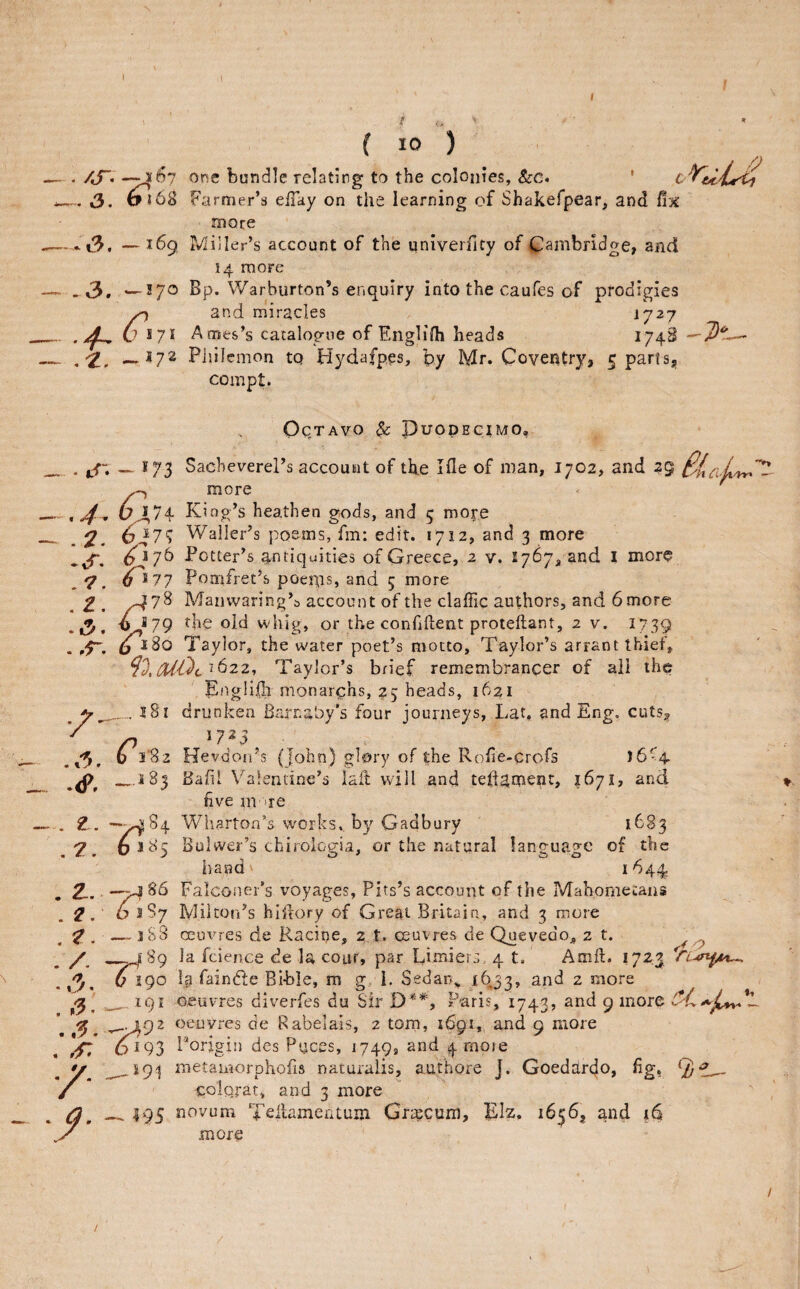 ( 10 ) —^67 one bundle relating to the colonies, &c. ' i3. 0*68 Farmer’s elTay on the learning of Shakefpear, and fix more — ..i3. —^69 Miller’s account of the univerfity of Cambridge, and 14 more . 3. —57® Bp. Warburton’s enquiry into the caufes of prodigies and miracles *727 U Ames’s catalogue of Englifh heads 174SI ^ .-.172 Philemon to Hydafpps, by Mr. Coventry, 5 parts, compt. Octavo & puopEciMO, . _ 173 Sacheverel’s account of the Ifle of man, 1702, and tyk Cx more .2. • cT. .7. .Z, . .r. .3. . e. .7. . . . t. . /. • «3' . 3. .3. /- _181 ^ I'Sz _18 s ^174- King’s heathen g-ods, and 5 more ^^7^ Waller’s poems, fm; edit. 1712, and 3 more ^^176 Potter’s antiquities of Greece, 2 v. 1767^, and I more 0 177 Pomfret’s poems, and 5 more J78 Manvvaring’s account of the claffic authors, and 6 more V ^79 the old whig, or the confiftent proteftant, 2 v. 1739 ^180 Taylor, the water poet’s motto, Taylor’s arrant thief, ?d,M)c'‘^22, Taylor’s brief remembrancer of all the Engliiii monarchs, 25 heads, 1621 drunken Bamaby’s four journeys, Lat. and Eng. cuts^ 17^3 Hevdofi’s (|ohn) glory of the Rolie-crofs )6'4 Bafil Valentine’s lait will and tefiament, 1671, and ' five m ire —^84 Wharton’s works, by Gadbury ^683 ^385 Bulwei’s chirologia, or the natural language of the iiasad 1644 —y^SS Falconer’s voyages, Pits’s account of the Mahometans 6 387 Milton’s hiftory of Great Britain, and 3 more — 388 oeuvres de Racine, 2 t. ceuvres de Quevedo, 2 t. _^'89 la fcience de la cour, par Rimiers, 4 t. Amft. 1723 6 190 Ip faindfe Bible, m g, i. Sedan^ 16.33, and 2 more _ 191 oeuvres diverfes du Sir D**, Paris, 1743, and 9 more ^^92 oeuvres de Rabelais, 2 tom, 1691, and 9 more 5193 rorigin des Puces, 1749, and 4 more ^S9'| metaworphofis naturalis, authore J. Goedardo, fig, colojat, and 3 more 195 novum Tedamentum Grtgeum, EIz. 1636, and i6 more /
