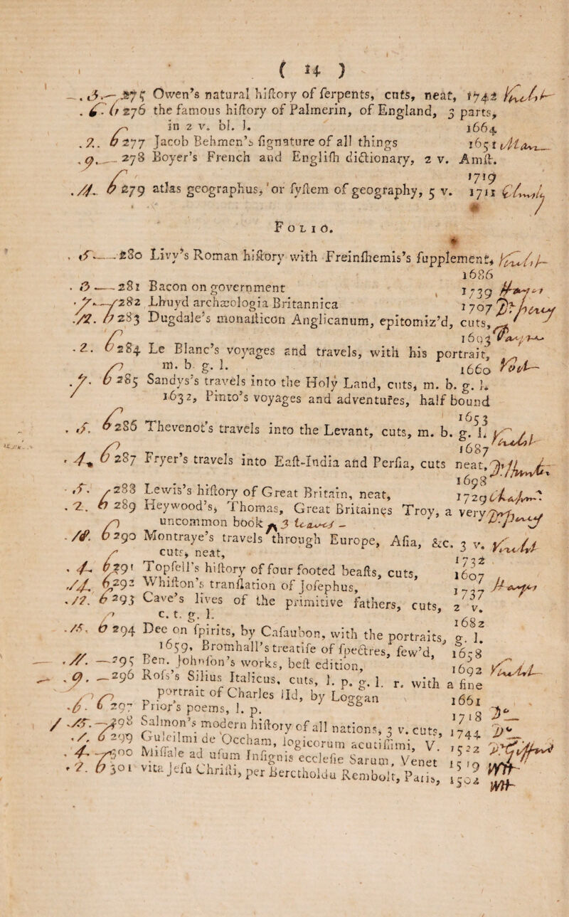 ( 1+ ) ,3.—^.^7^ Owen’s natural hifcory of ferpents, cuts, neat, 174^ . (fT’jG the famous hiftory of Palmerin, of England, 3 parts, ^ in 2 V, bi. ]. 1664 .7,. /7 277 Jacob Behmen’s fgnature of all things , 27S foyer’s French and Englifh didlionary, 2 v. Amll. 279 atks geographusj'or fyfiem of geography, 5 V. 1711 # / Folio. , <3.— sSo Livy’s Roman hifiory with Freinfhemis’s fupplement# 1686 . /3 ,— 281 Bacon on eovernment ^ 1739 H- II’-'';:' >707 7?y4iv -281 Bacon on government •^-^^282 Lhuyd archx’ologia Britanni( /7 283 D ugdale’s monallicon Angii - 2- a. canum, epitomiz’d, cuts. I 6q3 ’284 Le Blanc’s voyages and travels, with his portrait, ^ ^ m. b g. 1. 1660 — b 2S5 Sandys’s travels into the Holy Land, cuts* m. b. g. ]. 1632, Pinto’s voyages and adventures, half bound , ^86 Thevenot's travels into the Levant, cuts, m. b. k' / , ' 0^287 Fryer’s travels into Eaft-India and Perfia, cuts - ,L. .283 Lewis’s hillory of Great Britain, neat, i72gG4^7U- , h 289 Heywood’s, Thomas, Great Britain's Troy, a very-TW, . p uncommon book^ ./<P. 6290 Montraye’s travels through Europe, Afia, &c. ^ y 1/' /y r cuts> neat, ^ , </. TopfeU’s hillory of four footed beafls, cuts, 1607 - «/- vji iuur iuutcu oeaitS, Cm y4^ Whiiion’s trandation of Jofephus, ./A <^^93 Cave’s lives of the primitive fathers. c. t. e. h ^737 cuts, 2 V. I 682 ./<■ O 294 Dee on fp.r.ts, by Cafaubon, with the portraits, n 1 „ '659. Bromhall’stieatife of foeares, few’d i“6-8 - -’9? Ben tohnfon’s works, beft edition, ’ ’ 602 /T . _296 Rols’s Sdius Italkus. cuts, 1. p. ,, / I/n portrait of Charles lid, by Lonpan i6bi J. C 29’ Prior’s poems, 1. p. ^ 7'’* 3. / n hiftory of all nations, 3 v. cuts, 1741 h*' f A-o I vi^'lrj'rif'T '‘’■'‘I,’* Vknet , jSo ■ Os ‘‘•J'^“‘“irruu,periierctholduRenibolt,Palis, 1502