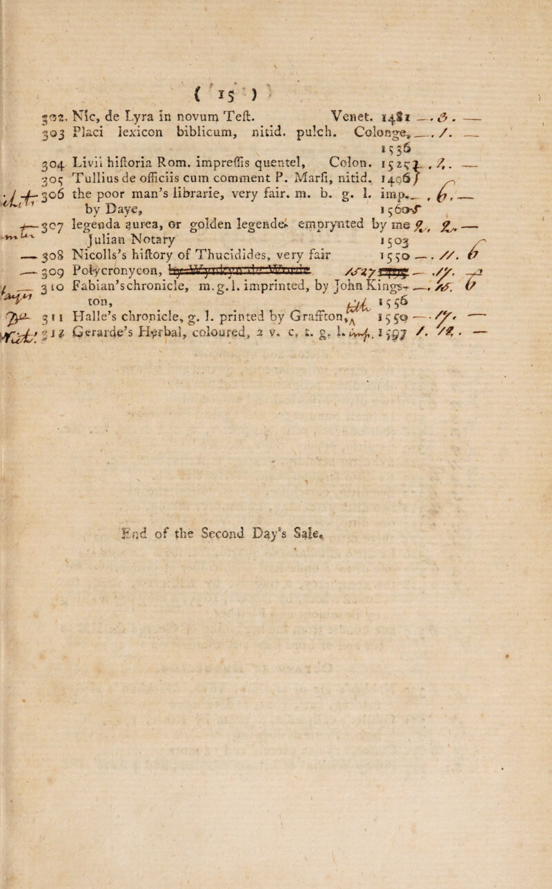-yyi- ( IS ) ' 502, Nic, de Lyra in novun> Teft. Venet. 14S1 —. t5 . — 303 Placi lexicon biblicum, nitld. pukh. Colonge^__/. _ 15 36 304 Livii hifloria Rom. impreffis quentel. Colon. 152^^ , 7,. _ 303 Tullius de officiis cum comment P. Marli, nitid. 1406/ ^ the poor man’s librarie, very fair. m. b. g, L imp._ , (j,_ by Daye, 15^'X 307 legenda aurea, or golden legendei emprynted bymejj^, — Julian Notary » 1503 508 Nicolls’s hiflory of Thucidides, very fair 1530 .— //. t7 gog Pofycrbnycon, liy .Wi^^ui:yri^^^:^5fea3te■ ,77. yj. 310 Fabian’s chronicle, m.g. 1. imprinted, by John Kings-.—, & 3 11 Halle’s chronicle, g. 1. printed by GrafFcon/^ 1550 — -— gJif G'J^rarde’s H-pifbal, coloured, % v. c. i. g, 13^7 A . — Uod of the Secozid Day^s Sale,