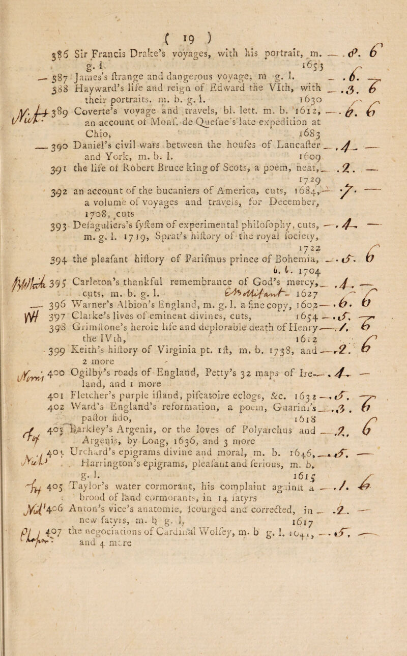 t/' ( «9 ) 3S6 Sir Francis Drake’s voyages, with his portrait, m. g. i 1655 587 James’s flrange and dangerous voyage, m g. I. 388 Hayward’s life and reign of Edward the Vlth, with their portraits, m. b. g. 1. 1630 389 Coverte’s voyage and travels, bl. lett. m. b. '1612, . an acxount ot Monf. de Quefne's late expedition at Chio, 1683 390 Daniel’s civil wars between the houfes of Lancafter _ and York, m. b. 1. 1609 3^1 the life of Robert Bruce kingof Scots, a poem, neat,_ 392 an account of the bucaniers of America, cuts, !684,- a volume of voyages and travels, for December, 17o8, cuts * * * • • 393 Defaguliers’s fy’flsm of experimental philofophy , cuts, - m. g. 1. 1719, Sprat’s hillory of the royal fociety, 1722 394 the pleafant hiifory of Parifmus prince of Bohemia, . 6, t. 1704 395 Carleton’s thankful remembrance of God’s mercy, cuts, rn. b. g. 1. 162J 396 Warner’s Albion’s England, m. g. L ahnecopy, 1603 — 397 Clarke’s lives of eminent divines, cuts, 1654- 3g'8 Grimilone’s heroic life and deplorable death of Henry-- the IVth, 1612 399 Keith’s hiifory of Virginia pt. lif, m. b. 1738, and- 2 more Ogilby’s roads of England, Petty’s 32 maps of Ire—- land, and i more 401 Fletcher’s purple iHand, pifeatoire eclogs, &c. 1632 — 402 Ward’s England’s reformation, a poem, Gaaridi’s__ pallor fido, j6i8 ^ 4oE’l],arkley’s Argenis, or the loves of Polyaiclms and _ Argenis, by Long, 1636, and 3 more 401 Urchard’s epigrams divine and moral, m. b. 1646,—. jyu U Harrington’s epigrams, pleafant and ferious, m. b. g- 1‘ 1611; 405 Taylor’s water cormorant, his complaint againit a - brood of land cormorants, in 14 facyrs new fatyrs, m. b g. 1, 1617 plj 477 ^ke negociacions of Cardinal Wolfey, m- b g. 1. — ' and 4 mere - .t/’. 6 r - 9 Q • —_ b -.4^ - .2. - - .4^ - () '/¥/> 0 .4^ if- h ■ S. -7- . /. 6 ..3. ^ ,9., C