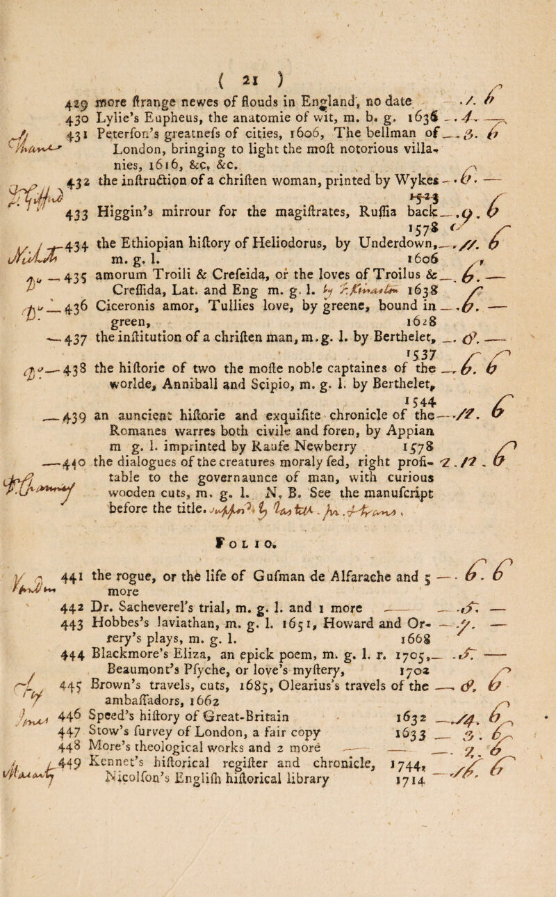 I ( 21 ) 429 iflore ftrange newes of flouds in England', no date ~ o 430 Lylic’s Eupheus, the anatomic of wit, m. b. g, 163S - . ^4 ^3* Peterfon’s greatnefs of cities, 1606, The bellman ^ London, bringing to light the nroft notorious villa^ U4J nies, 1616, &c, 432 the inflru<5tion of a chriften woman, printed by Wykes- • b ^ — ^ / 433 Higgin’s mirrour for the magiftrates, Rullia back_.0. b 1578 r. ^ i/ I -^434 Ethiopian hillory of Heliodorus, by Underdown,_,//. p m. g. 1. 1606 / —,435 amorum Troili & Crcfeida, of the loves of Troilus & _— ^ Creflida, Lat. and Eng m. g. 1. 1638 Ciceronis amor, Tullies love, by greenc, bound in_p, -— green, 1628 ^437 the inllitution of a chriften man,m.g. 1. by Berthelet,_<9?, — *537 /- _^438 the hiftorie of two the molle noble captaines of the ^p, 0 worlde, Anniball and Scipio, m. g. 1. by Berthelet, *544 ^ 439 an auncient hiHorie and exquiiite chronicle of the—^ Romanes vvarres both civile and foren, by Appian m g. 1. imprinted by Raufe Newberry *57^ .—440 the dialogues of the creatures moralyfed, right profi- 'Z./^ > table to the governaunce of man, with curious wooden cuts, m. g. 1. N, B. See the manufcript before the title. ^ . 1/ Folio* 441 the rogue, or the life of Gufman de Alfarache and 5 . f. f more 442 Dr. Sacheverel’s trial, m. g. 1. 443 Hobbes’s laviathan, m. g. 1. i and I more -- -f/: 651, Howard and Or- ~ rery’s plays, m. g. 1. 1668 44.4 Blackmore’s Eliza, an epick poem, m. g. 1. r. 1705,— .t/T Beaumont’s Pfyche, or love’s myftery, 170a 443 Brown’s travels, cuts, 1685, Olearius’s travels of the —. (9, ambalTadors, 1662 446 Speed’s hiftory of Great-Britain 1632 _ 447 Stow’s furvey of London, a fair copy ^^33 __ o 0 448 More’s theological works and 2 more -—-- --^ ^ 449 Rennet’s hiftorical regiker and chronicle, 1744? Nicolfou’s Engliih hiilorical library 1714 /