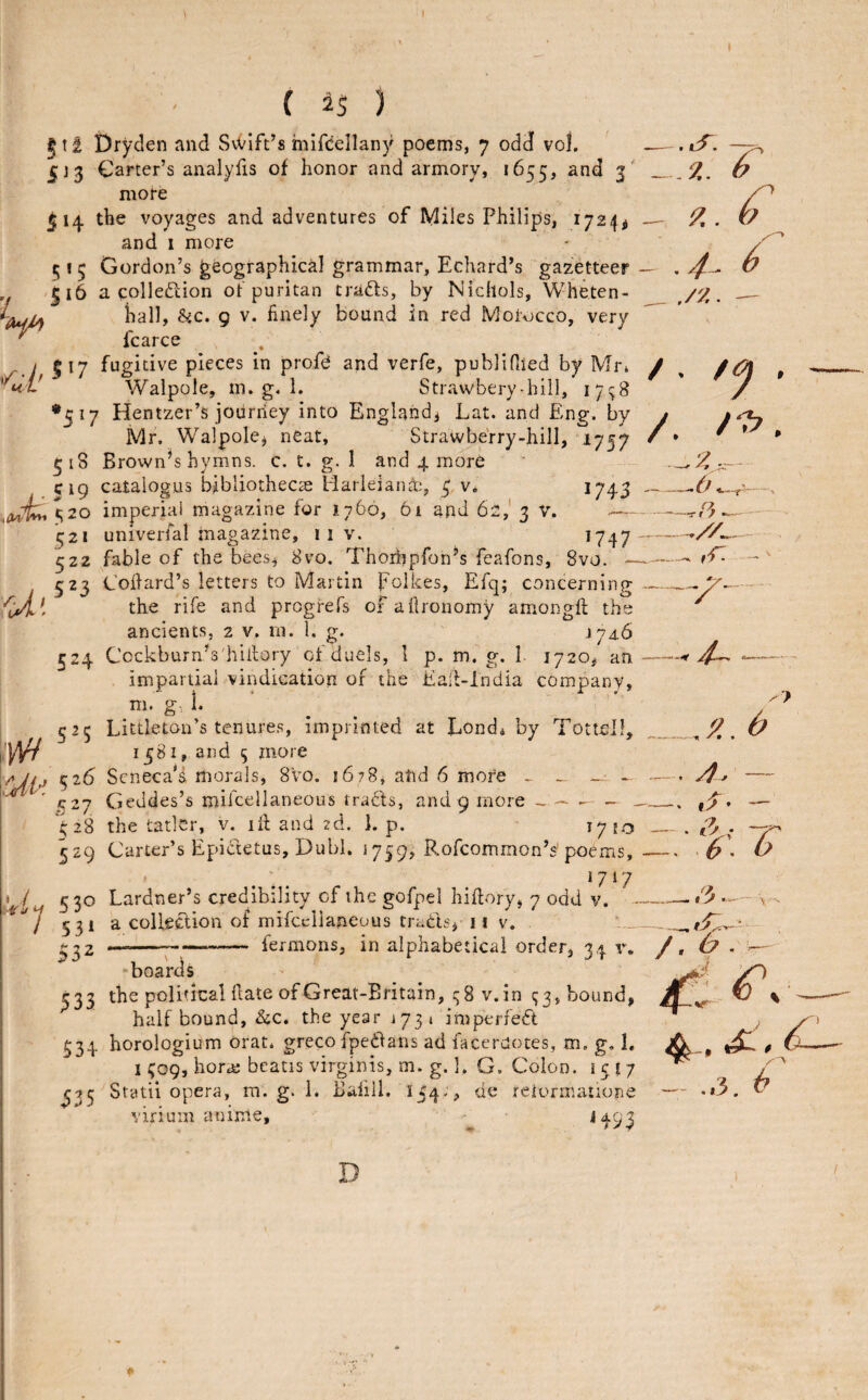 I ( ^5 ) 5 11 Dryden and Swift’s mifcellany poems, 7 odd vol. 513 Carter’s analyfis of honor and armory, 1655, and 3' more 514 the voyages and adventures of Miles Philips, 1724^ and I more 1; 1 5 Gordon’s geographical grammar, Echard’s gazetteer 'C16 a colledlion of puritan trafts, by Nichols, Wheten- hall, he. g v. finely bound in red Morocco, very fcarce --- t? - .4^ 6 ./y.- — / 117 fugitive pieces in profd and verfe, publifiied by Mr» f ^ ^ Walpole, m. g. 1. Strawbery-hill, I7!;8 / *517 Hentzer’s journey into England^ Lat. and Eng. by Mr. WalpolCj neat. Strawberry-hill, 1757 /. . 174J - 318 Brown’s hymns, c. t. g. 1 and 4. more cig catalogus bibliothecie HarleiaiiU^, 5, v. ,^■^520 imperial magazine for 1760, 6i and 62,' 3 V. 521 univeiial magazine, 11 v. ^747 522 fable of the beesj 8vo. Thorijpfon’s feafons, 8vo. - 523 Cofiard’s letters to Martin poikes, Efq; concerning the rife and progrefs of afironomy amongft the ancients, 2 v. in. 1. g. J7a6 524 Cockburn’s'hiilory of duels, I p. m. g. I 1720# an impartial vindication of the Eali-lndia company. --^^9mm-- _rf: —^ . g i. 525 Littleton’s tenures, imprinted at Londi by Tottell, w 1581, and 5 more /yji^ ^26 Seneca's morals, 8vo. 1678, atid 6 more - _ - ^ ' C27 Geddes’s milcellaneous tracts, and 9 more - — - - - '^28 the tatlcr, v. lii: and 2d. 1. p. 1750 529 Carter’s Epictetus, Dubi. 1759, Rofeommon’s'poems, ' ... . *7^7 530 Lardner’s credibility of ihc gofpel hifiory, 7 odd v. - 531 a collection of mifccilaneous tri.dsj 11 v. ^22 --—— fermons, in alphabetical order, 3,1 v, boa'rds 533 the polidcal ftate of Great-Eritain, 38 v.in 93, bound, half bound. Sec, the year i73i imperfed 334 horologium orat. greco fpedans ad facerdotes, m. g. 1, I 309, hora; beatis virginis, m. g. ], G. Colon. 15?7 ^33 Statil opera, m. g. 1. Baiill. 154-, de reiormatione virium anime, - H93 * i ^ j y . A. — 1^* — . ii T t j • - \ -- l e- - ..3. h D 0