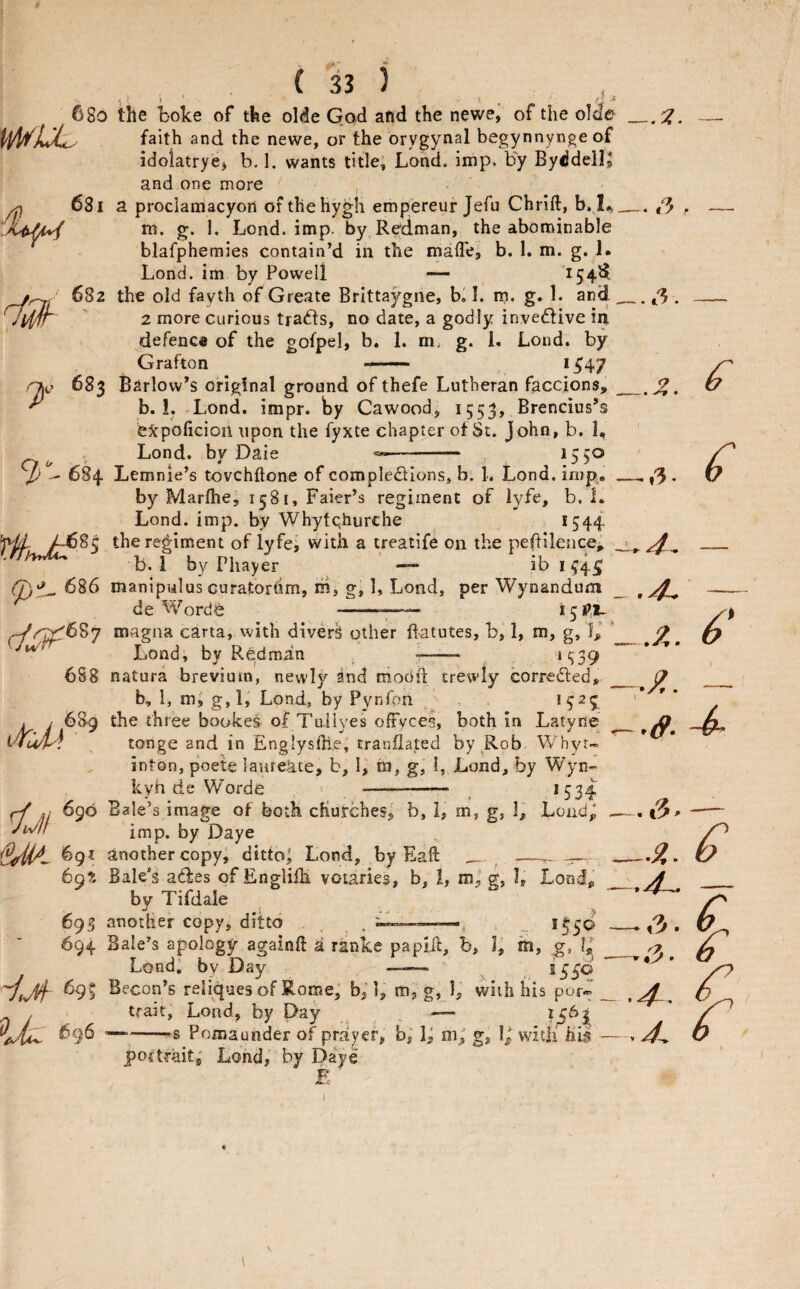 7 ( 33 ) , . ) » ' 1 ^ * .s 68o the “boke of the olde Qad and the newe^ of the olde m/JuXz. faith and the newe, or the orygynal begynnyngeof idolatrye, b, 1. wants title; Lond. imp. b'y Byddell^ ^ 681 a proclamacyort ofthehygh empereur Jefu Chrift, b. I^. m. g. 1. Lond. imp. by Redman, the abominable blafphemies contain’d in the mafle, b. 1. m. g. !• Lond. im by Powell — I54^- 682 the old fayth of Create Brittaygne, bl I. m. g. 1. and, defenca of the gofpel, b. 1. m; g. 1. Lond. by Grafton ——~ *^47 6S3 Barlow’s original ground of thefe Lutheran faccions, b. 1. .Lond. impr. by Cawood, 1553, Brencius’s expoficion upon the fyxte chapter of St. John, b. 1, Lond. by Daie 1550 /’ 684 Lemnle’s tovchftone of compledllons, b. 1. Lond. imp. . by Marlhe, 1581, Faier’s regiment of lyfe, b, L Lond. imp. by Whyfqhurche *544 yU585 the regiment of lyfei with a treatife on the peftilence^ b.l byPhayer <7):L. 686 manipulus curatortim, m, g, 1, Lond, per Wynandum de Word^ — magna carta, with divers other ftatutes, b, 1, m, g, I# * Lond, by Redman ‘539 688 natura breviurn, newl}/^ and modft trewly corredled, _ b, 1, mj g,l, Lond, by Pynfpn *5^?. i i 689 the three bookes ofTullyes offyces, both in Latyne ^ ^ tonge and in Englysfh.e, tranllated by Rob Whyt- inton, poete laurekte, b, 1; m, g,* i, Lond, by Wyn- kyh de Worde --- ^ *534 ^ til 690 Bale’s image of both churches^ b, 1, m, g, IJ Loiidp — imp. by Daye ^9^ another copy; ditto; Lond, by Eaft .—r- Bak*s adles of Englifh votaries, b, I, m; g, I, Lond, _ by Tifdale 693 another copy, ditto , , . ——, , - 694 Bale’s apology againft a ranke papiif, b, l; m, g, 1^ __ Lond, by Day —— ~]j/h ^9? Becon’s reliques of Rome,* b; 1, m, g, 1,' with his per* __ / trait, Load, by Day , . — 696 --s Pomaunder of prayer, b; i; m; g, Ij with hfs — portrait; Lond,’ by Daye B 73 ...3. ( ^,3- ,4. ■ 4~ !? - » • \ .3. -.9,. '9 A • \ 1 ^ I ^