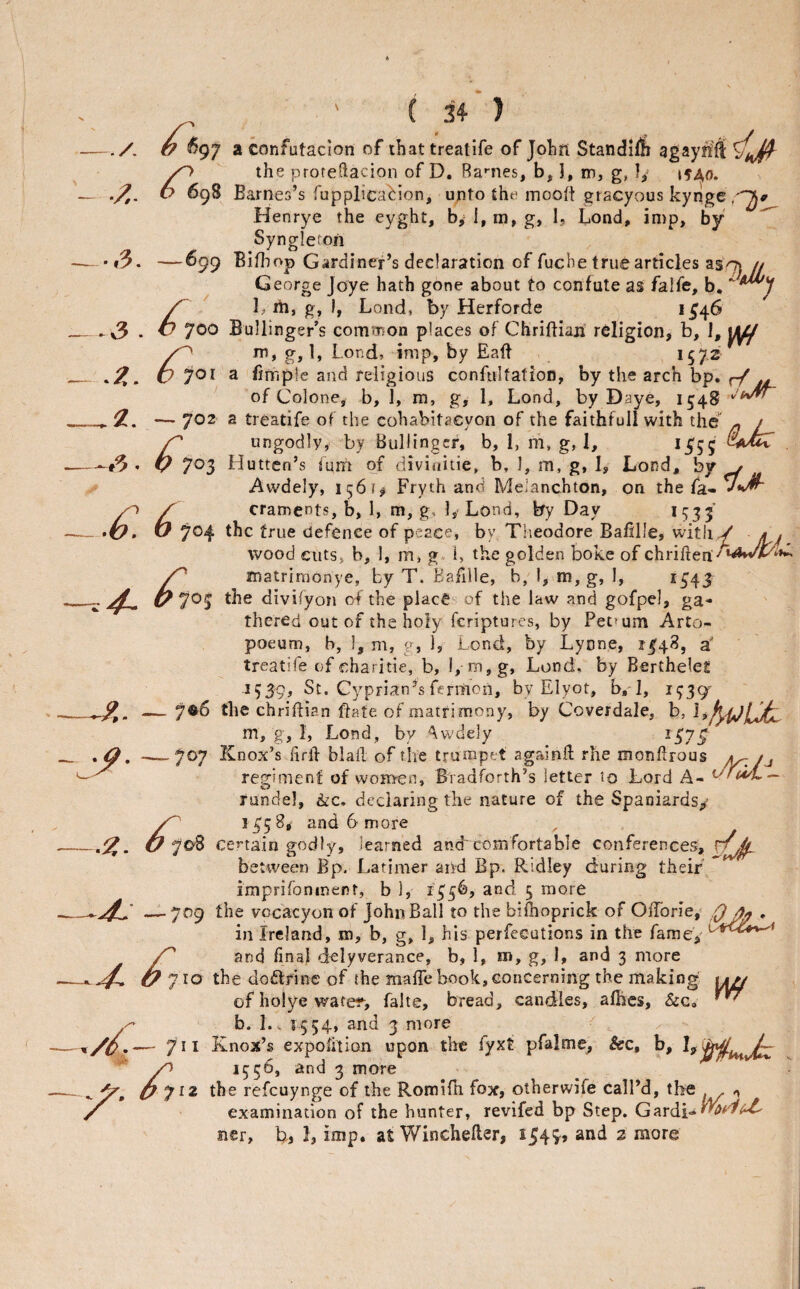 /? V ^97 a confutaclon of that treatife of John StandilJi agayflft /O the proteliacion of D. Ba»-nes, b, J, m, g, L 6 6 ‘ ,3. 3 . 4~ 698 Barnes’s fupplicahion, unto the mooft gracyous kynge Henrye the eyght, by i, in, g, 1? Lond, imp, by Synglefon — 699 BiOiop Gardiner’s declaration of fuche true articles n George Joye hath gone about to confute as falfe, b. A 1, m, g, I, Lond, by Herforde *^4^ b 700 Ballinger’s common places of Chriftian religion, b. m, g, 1, Lond, imp, by Eaff t572' ^ 701 a fimple and religious confuIfatioD, by the arch bp. rf tjL of Colone, b, 1, m, g, 1, Lond, by Daye, 1548 Z. — 702 a treatife of the cohabitaeyon of the faithfull with the ^ / ^ ungodly, by Buliingcr, b, 1, m, g, 1, ij'jg ^ , b 7^3 Hutten’s fum of divinitie, b, I, m, g, I, Lond, by y Avvdely, 156?^ Fryth and Melanchton, on the fa- X craments, b, I, m, g, I, Lond, by Day M31 b> O 704 the true defence of peace, by Tlieodore Bafille, with -/ aj wood cuts, b, 1, m, g- 1, the golden boke of chrihen'^'^^^*^*^ inatrinionye, by T. Bafille, b, 1, m, g, I, ^341 b 7^3 divifyon o-f the place of the law and gofpel, ga¬ thered out of the holy feriptures, by Pet^um Arto- poeum, b, 1, m, g, 1, Lond, by Lynne, 1448, a’ treatife of charitie, b, b m,g, Lond, by Berthelet 1539, St. Cyprian^s fermon, by Elyot, b, 1, 1939' — 7®6 the chriftian flate of matrimony, by Coverdale, b, ] m, g, 1, Lond, by Awdely ^^37^ — 707 Knox’s hfil blah of the trumpet agaifift rhe monfirous ^ /j regiment of women, Bradforth’s letter to Lord A- — rundel, &c. declaring the nature of the Spaniards/ ^ 1558* and 6 more O 708 certain godly, learned ancLcomfortable conferences, between Bp. Latimer and Bp. Ridley during their imprironinenr, b 1, 1^56, and 5 more — 709 the vccacyon of John Ball to the bifhoprick of OlTo.de, * in Ireland, m, b, g, 1, his perfecutions in the fame, ^*^^*^*^ and final delyverance, b, 1, m, g, 1, and 3 more C b 710 the doflfine of the mafle book, concerning the making of holye water-, falte, bread, candles, allies, &c, b. 1., T554, and 3 more },— yii Knox’s expoiilian upon tlic fyxt pfalmei Sec, b, ^ 3 more ^ - , p the refeuynge of the Romilh fox, otherwife call’d, the .. ^ examination of the hunter, revifed bp Step. Gardi-'^^'^^ ner, b., 1, imp. at Wincheller, 1543* and 2 more 9