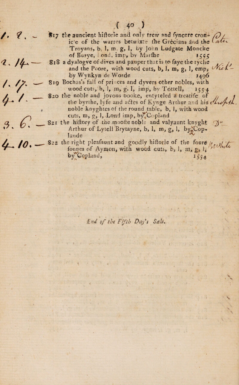 A '2. /f*- /. /- ( 40 ,.) tr7 theauncient hiftorle and only tre\v and fyncere croM-^ Z^/- ic'e of the warres bctwixte tTie Grecians the ^ Troyans, b, 1, m, g, 1, by Joiin Ludgate Moncke of Burye, i ond, imp, bv Marflie Si 8 a dyalogve of dives and pauper that is to faye the ryclie and the Poore, with wood cuts, b, 1, m, g* I, empj by Wynkyn de Worde 149^ 819 Bocbas’s fall of princes and dyvers other nobles, with woodcuts, b, 1, m, g. I, imp, by Tottellj 1554 820 the noble and joyous booke, entyteled a treatife of j/ a 1 the byrthe, lyfe and adfes of Kynge Arthur and his noble knyghtes of the round table, b, I, with wood cuts, K), g, 1, Lond imp, by^Copland 8zi the hiftory of the moofte noble and valyaunt knyght Arthur of Lyteli Brytayne, b, 1, m, g, I, by/^op* lande ^ 822 the right pleafaunt and goodly hiftorie of the foure jj, j y- fonnes of Aymoiii with wood cuts, b, 1, m, g^ ^ by Copland3 ^554 End of the Fifth Dafs SalL ■fct