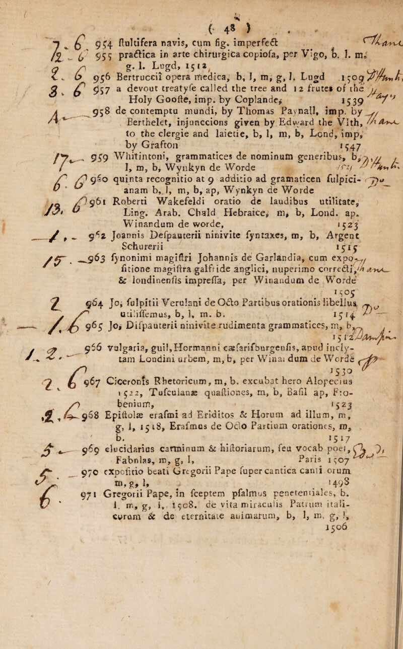 {‘ 45 ) 7 ^ 9^4 navis, cum fig. imperfect 1% w C' 955 praftica in arte chirurglca copiofa, per Vigo, f). I. irio p g-1- ^// , V ^ 6 956 Bertruccii opera itiedica, b, I, mi g,L Lugd ,1509^/^A, P 957 ^ devout treatyfe called the tree and 12 frutci of the ^ Holy Goofte, imp. by Coplande^ 1539 _^958 de contemptu mundi, by Thomas Paynall, imp. by v/ Berthelet, injunccions given by Edv/ard the Vlth, to the clergie and laietie, b, 1, m, b. Lend, imp, by Grafton *547 959 Whitintoni, grammatices de nominum geiieribus, j ( I, m, b, Wynkyn de Worde /r^y P P P 9«o quinta recognitio at 9 additio ad gramaticen fulpici- < y)o ^ ^ anam b,. J, m, b, ap, Wynkyn de Worde Pgbi Roberti Wakefeldi oratio de laudibus utilitate, ^ Ling. Arab. Chald Hebraice, b, Lond. ap. Winandum de worde, *523 ^ f ^ Joannis Berpauterii ninivlte fyntaxes, m, b, Argent Schurerii *5*5 ^963 fynonimi magiflri Johannls de Garlandia, cum expo^/ iitione magidra galfride anglici, nuperimo cnrredi,/>i & londinenhs imprelTa, per Winandum de W^orde . , *505 964 Joi fulpitii Verulaoi deOdo Fartibusorationis libellu^ udliffemus, b, 1, m. b. *5*4 P 965 JOj Difpauterii ninivlte rudimenta grammatices, m, . 15 12 966 valgaria, guil,Hcrmanni c^farifburgenfis, apud inciy- tarn Londini urbem, m, b, per Winaj dum de Words yO ^ 1530 ^ ^ 967 Ciceronts Rbctoricum, m, b. excubat hero Alopecius 1522, Tufeuianae quadioaes, m, b, Bafil ap, F:o- ✓0 beniurn, *523 ^^-.968 Epidolse erafmi ad Erlditos U Horum ad ilium, m, g, 1, 1518, Erafmus de Oblo Partium orationes, ni, b. ^ . . . ^517 969 elocidarias carminum & hidoriaruin, feu vocab poe?,^ 7y Fabnlas, m, g, 1, Paris \ qoy 970 expolitio beati Grtgorii Pape Tupercantica canii orum m, g, 1, ^ _ *49^ / 971 Gregorii Pape, in feeptem pfalmus penetemiales, b. X) ' i, m, g, i, 1908. de vita miraculis Pairum itali- evrum & de eternitaie auimarum, b, 1, m, g, ), 1506 A- J». /. 2. s. /