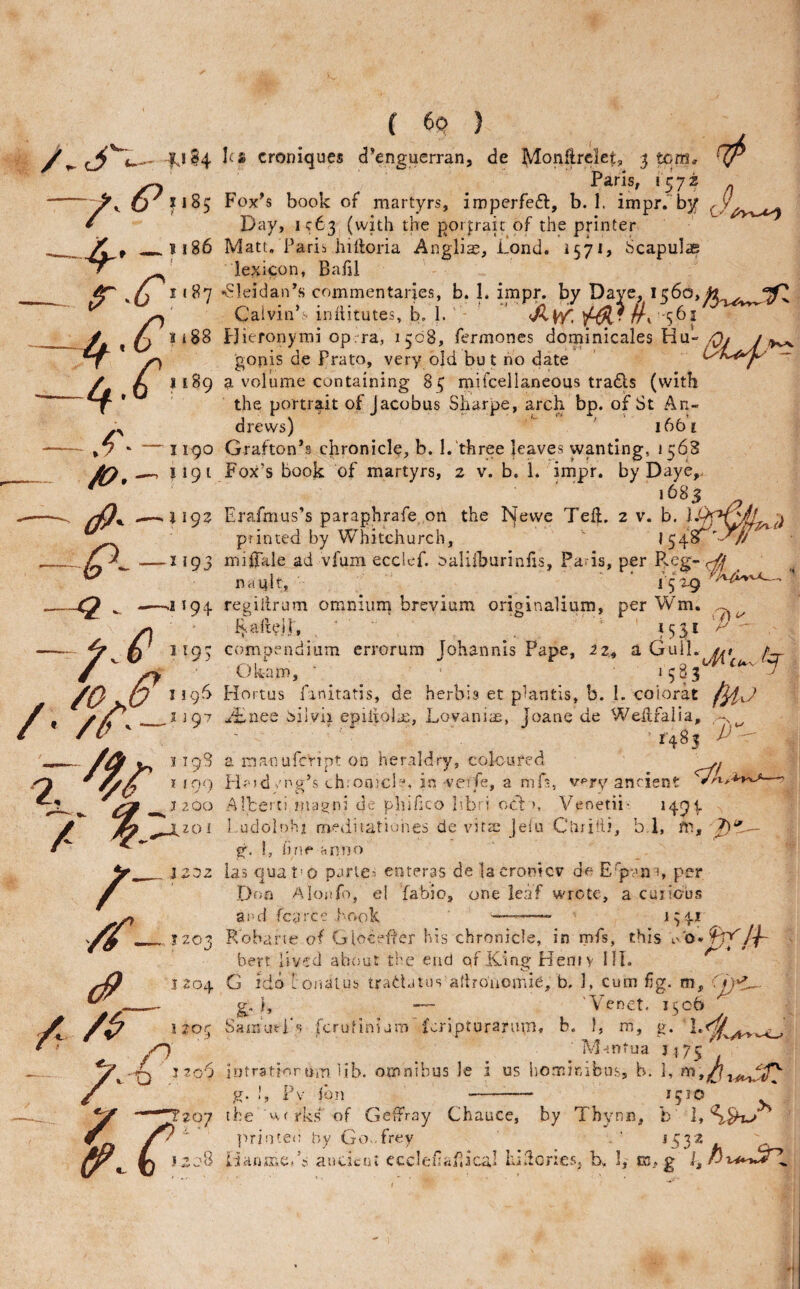 1190 1191 / ».‘?4 — K 6^fiSs -—>'86 -A 1 ^ “ ®® — .f- 0. - (fi^ —*192 —^'93 --Q —'1194 ' ^ J'9; 'igfi /a ^ 1193 A(? ”9'* . ^ ^ I 20» 2, / / /T. cP zo J J232 ( 60 ) It s croniques d’enguerran, de Monflrelet^ 3 tom, Paris, 1573 Fox^s book of martyrs, iroperfeft, b. 1. impr. by Day, IC63 (with the portrait of the printer Matt, Paris hilloria Anglia?, 1-ond. 157I) hcapulae lexicon, Bafil •»S1eidan*s commentaries, b. 1. impr. by Daye, 1^60, Ji. ‘jC Caivin’s iniiitutes, b, I. '  Hieronymi oprra, 1508, fermones dominicales Hu- J gonis de Prato, very old bu t no date ~ a volume containing 83 mifcellaneous trads (with the portrait of Jacobus Sharpe, arch bp. of St An¬ drews) ' ' i66t Grafton*s chronicle, b. 1. three leaves wanting, 1568 Fox’s book of martyrs, 2 v. b. 1. impr, by Daye,. Erafmus’s paraphrafe on the Ivfewe Teft. 2 v. printed by Whitchurch, ' ^54^ miiTale ad vfum ecclcf. oaliiburinfis, Paris, per P-cg-^ nauit, f 5 2-9 regiitrum omniurn brevium originalium, per Wm. hafieil, _ ■ ^ 1531 compendium errorura Johannis Pape, iz, a tq- Ok-am, ‘SS3 ^ Flortus lanitatis, de herbis et pUintis, b. I. coiorat ^Dnee bilvii epiiiolje, Lovanise, Joane de W^'eUfaiia, ^ 1-485 a manufcript on heraldry, coloured Pirod ./ng’s c,h:onich, in veife, a mfs, v#^ry ancient Alherti inagni de phihco b.bri ccf >, Venetii- 1491 l,udolr)hi mediiationes de virae Jeiu ClniHi, b 1, m, g. I, hrio !inno las quat'O parte- enteras delacroricv de E'^pani, per Dcin Aloitfo, e! fabio, one leaf wrote, a cuiicus ai'd fcarco hook —- H4* j 20 j j 204 120c V ”^2 01 Robarie of Glcccfter his chronicle, in mfs, this ivO< bert lived about the end of King Henry 111. G ido lOiuUus trablatus ahroiiomid, b. 1, cum fg. m, .-^K- g. 1, — Venet, 1506 J; Samuri's fcruflniam' feriptorarum, b. I, m, g. h<y^ M'iutua 3575 iotratioruiT) lib. omnibus le i us iiominibns, h. I, m. k 1 V Ion r 510 the '-vfrk.s of Geffray Chance, by Thynn, b I, ]9rinteo by Go. frey ^33'* ^ Hanmeds ancient ecclenahical ludcries;. b. I, m, g