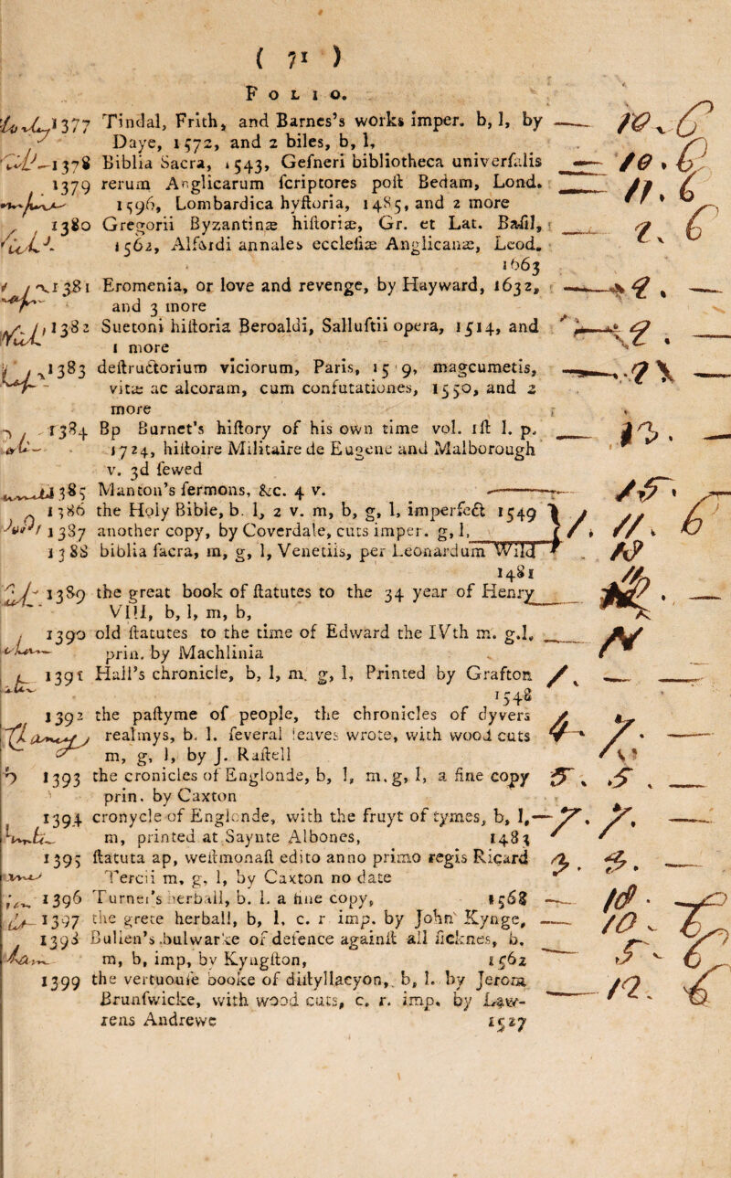 Gre^orii Byzantine hiftorias, 4-4^- 1562, Alfiiidi annales. eccleli; ( 71 ) Folio. Tinclal, Fnth> and Barnes’s works imper. b, 1, by . ^ Daye, 1 572, and 2 biles, b, 1, 378 Biblia Sacra, 4543, Gefneri bibliotheca univerfaiis 1379 rerum Af^glicarum feriptores poft Bedam, Lond. 11596, Lombardica hyfloria, 1485, and 2 more - • ’ dor 132, Gr. et Lat. Baiil, i ecclelias Anglican^;, Leod, 1(263 / /'V1581 Eromenia, or love and revenge, by Hayward, 1632, t and 3 more ,^^7,1382 Suetoni hiiloria Beroaldi, Salluftii opera, 1314, and I more a .^1383 deftructoriuTi) viciorum, Paris, >5'9, mageumetis, ~ vita; ac alcoram, cum confutationes, 1350, and z more i 7\ / ^3^4 Burnet’s hiftory of his own time vol. ill: 1. p. - 1724, hilioire Militaire de Eugene and Maiborough V. 3d fewed Man con’s fermons, Sjc. 4 v. /a.(? /0 • //. z t. f n86 the Holy Bible, b. 1, 2 v. m, b, g, 1, imp€rfe6l *549 I y yy ^ ' j 337 another copy, by Coverdale, cuts imper. g, 1, ^ » // ^ K) A 4M'' 1388 biblia facra, m, g, 1, Venetiis, per Leonardum Wild'  1481 • A 13S9 the great book of llatutes to the 34 year of Henry __ Vlll, b, 1, m, b, ^ j 1390 old ftatutes to the time of Edward the IVth m. g.I, __ prin. by iVIachlinia L 1391 Hall’s chronicle, b, 1, m. g, 1, Printed by Graftoti 1548 1392 the paftyme of people, the chronicles of dyvera ✓ realinys, b. 1. feveral ieave:-. wrote, with woodcuts AP A m, g, 1, by J. Raileli b *393 the croniclcs of Englonde, b, 1, m.g, I, a fine copy prin. by Caxton / 1394 cronycle of Engicnde, with the fruyt of tyraes, b, m, printed at Saynte Albones, *4^3 ^ ^ c^. 5. 1395 ftatuta ap, wedmonall edito anno primo regis Ricard Tercii m, g, 1, by Caxton no date 1396 Turnei’s nerbail, b. L a hue copy, I the grete herhall, b, 1, c. r imp. by John'Kynge 1398 BuUen’s .hulwar!ce of defence againll: all iickaes, b, 4^%^ m, b, imp, by Kyngfton, 1562 1399 the vertuoufe booke of dldyllaeyon,, b, L by Jerom Brunfwicke, with wood cats, c. r. imp, by L-aw- lens Andrewe 0 ■ /O. n. NO