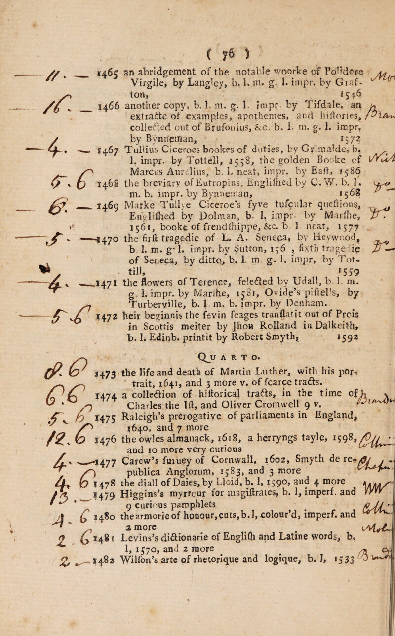 146c an abridgement of the notable woorke of Pobclope ^ Virgile, by Langley, b. 1. m. g. 1. inipr. by Giaf- ^ ^ yr> ton, ^ 2546 /b ^ — 1^66 another copy, b. 1. ni. g. 1. impr- by Tifdale, an h extrafte of examples, apoihemes, and hidorieSj, collected out of Brufonuis, &c. b. b ni. g. 1. impr^ ✓ by Bynn^nan, 1572 —1467 Tullius Ciceroes bookfs of duties, by Grimalde, b. a L irupr. by Tottell, 1558, the golden Booke of kKi/? Marcus Aurelius, b. b neat, impr. by Eaft^ 1586 Q 1468 the breviary ofEutropius, Eiigiilhed by C.W. b. 1. m. b. impr. by Bynneman, ^5^8 ^ 1469 Marke Tullye Ciceroe's fyve tufcular queftions, ^ * Englilhed by Dolman, b. I. impr by Marflie, 156*, bopkfc cf freiidOiippe, &c. b. 1 neat, njyy -1470 the firft tragedie of L. A. Senepa, by Hey wood, b 1. m. g-1. impr. by Button, 156 , fixth tragedie of Seneca, by ditto, b. 1. m g. 1, impr, by Tot- ■ . ‘ till, 1559 __.1471 the flowers of Terence, fe]e(fted by Udall, b b m- ^ g. b impr. by Marihe, 1581, Ovidg’s piftebs, by ^ Turberville, b. b m. b. impr. by Denham. -/ 1472 heir beginnis the fevin feages tranflatit out of Preis in ScQttis meiter by Jhow Rolland in Dalkeith, b. 1. Edinb. printit by Robert Smyth, i59z S fr~ Q.C. i QjJ A R T o. 1473 the life and death of Martin Luther, with his por-  trait, 1641, and 3 more v. of fcarce trafts. 1474 a colledion of hiftorical traHs, in the time of h v Charles the Ift, and Oliver Cromwell 9 v. 1475 Raleigh’s prerogative of parliaments in England, ‘ 1640, and 7 more h 1476 theowles almanack, 1618, a herryngs tayle, and 10 more very curious ^ 1 Ak Carew’s fuluey of Cornwall, 1602, Smyth y - ^ /D publica Angloriim, 1583, and 3 more ^ Zl 6 1478 the diall of Daies,by Lloid, b. 1, 1590, and 4 more f • .-.r. . » . r--K 1 I rc> A z 1479 Higgins’s myrrour for magiflrates, b. 1, imperf. and 9 curious pamphlets AALI Q 1480 thearmorieof honour,cuts,b.I, colour’d, imperf. and ^ 3 more Gh8i Leviiis’s di^iionarie of Englifh and Latine words, b, 1, i5'70, and 2 more ^5482 Wilfon’s arte of rketorlque and logique, b, I, 1533 z 0}^ 1/*^* f