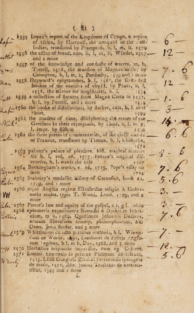 / / ^ ^55? report of the Kinj^dome of Coogo, a region; of Africa, by Hartwel], the conqaeti ot the j .aii- ' Indias, traodated by Framptoifjj bj I, m, b, 1579 ^y2y_t556 the alilze of bread, cuts, b, 1, m, b. Winder,'15^7. rwn*^ £ more > ^fS7 knovviedge and conduce of warres, m, b, Totteil, the manfion of Magnanimitk,' by Crompton, b, 1, rn, bj Fonfonhy, 1599 and » more ^ 255^ Heywcx'!d*s epigrammes, b, i, fcoe^ f.ril bookes of the eneidos of virgill, by Phaer, b, 1^, 155S, Bie tdirour for toagiitrates, b, 1, 'S/4- *5J9 a coileflioo of Salutes frosn IVIagna Carta to b; I. by Totteil, and i .more ^S^9 y /^j^6o the .booke of diiUllations, by darker, cuts, b, I, neat Short, H99 sc6i the cocfent of tl^e, difcinhcnno-the errors of tae M ^ ^ ^ i ^ Grecians in their olympiads, b)'' Tioid, b, i, rn, g^ U impr. by Biih'>n i T/O / 2562 the three partes of c'lmmentarics, of tlie cii'ill war;cs ^ oi Fraunce, tranSateti by Timmc, b, i, Loldocke^ 1563 painter’s p-alace of pleafure, hift. tiagical nmtn.rs' I -> ' &c. b, T t'oi. 2d, .nrt-.y, Fenton’s trngicaJ dlf- courfes, b, i, v/ants the ti:i=e • 1 c^qj ^ 8564 Buckingham’s works^j y. 2d, 17^5* Pope^s e£ay on man ' 4724. O L ^5'^5 Stakeley’s medailk bldory of Caraufi'US, book t^c/v«-v i7..0u and 17.,9, and i more n 16 bo— I ra. i§66 regiii Anglhe rcginx Elizabethan religio & Guber- iiatio eccles, typii To AA’ood, Londo ^72-9, and 2 more 1367 Fiercek law and e^^uity of Tne gofpek c t, g 1, J£68 ephemens cxpeditionis Norreflii h Drakii in ieb iiiam, m b, i ^89, johanni.s Tedict-4, artu-um liberalium tnunna, philoiophiarura, &c, Oxon. Jonn Sco^ar, and 3 more ^^359 VV'hittiatorji dc odto panibus oratonis, h 1, 'Wirfan- .. . Lasjibardi de Fritcis ^Angfo*- cum cie Woide, fo.m egibuSo h !, m b, I^ay, !p&.8,nad 3 .more 55^70 Herbarius maguntie inipiclTas, cum fg Colorat. 1571 Eraimi b.narratio in priinun Fiaimom davidicum, L n /- ^ Liliii Gra” p-crli Ziral di Ferianenfis fyrjiaiir.ia 4 (u.-vUj j ’ Hi J 7 de muiiSy 5 f 2„ rtbr. ;ic '«*V> t.Uii i.r^xsai'as ae iiativna- i ^ 4 more L f- n -7 i f e- /2- i- C n ■:) ■s - s /.r 5.x 3. r 7 1