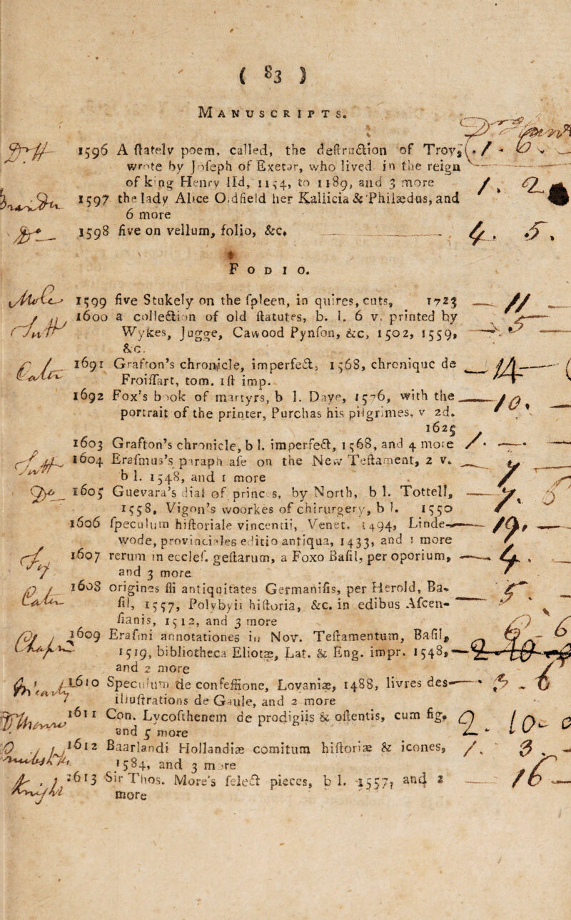 Manuscripts. C 9^# 1596 A ftatelv poem, called, the dedra^lion of Troys(^ wrote by jofeph of Exeter, who lived in the rei^a /r:- /- O.iOw' |rl- of k ng Henry ild, ii>;4, to 11B9, and 3 more 1597 the lady Al»ce Oldfield her Kaliicia &'Phiiaedus, and 6 more 1598 live on vellum, folio, &c* - __ t F O D I o. I'599 five Stukely on the fpleen, in quires, cuts, T723 _ y ^ 1600 a colle6li )n of old ftatutes, b. i. 6 v. printed by Wykes, Jugae, Cawood Pynfon, &c, 1502, 15S9» &c. / 1691 Grafton’s chroiiiicle, imperfed> i ^68, chroniquC de __. FroifTart, tom. ih imp. 1692 Fox's b ^ok of martyrs, b 1. Daye, with tht* portrait of the printer, Purchas his pilgrimes, v 2d. ^625 1603 Grafton’s chronicle, b 1. imperfe<51:, 1 q68, and 4 more /• 1604 Erafmus’.s p '.rapn ale on the New Teilameat, 2 v. b 1. 1548, and i more Q>^__ ifioj Guevara’s !ial of princ s, by North, b 1. Tottell 1558, Vioon’s vvoorkes of chirurgery, b I. I “>50 1606 fpeculijin hiftoriale vincentii, V^enet. i494» Einde vvode, provinci'^'les edicio antiqua, 1433, and 5 more 1607 rerum in ecclef. geEarum, a Foxo Bafil, per oporium and 3 more origines fli antiquitates Germanilis, per Herold, Ba* -V // - ,5^ tAf- /o. fil, Polybyii hiftoria, &c. in edibus Afcen- iianis, 1312, and 3 more 1609 Erafmi annotationes iu Nov. TeEamentum, Bafil^ 1519, bibliotheca Eliots, Lat. & Eng. impr. i 548,— and 2 more Spec!jhim tie confefHonc, Loyani^, 1488, livres des-- ' iliuErations de Gaule, and 2 more Con. Lycofthenem de prodigiis & oEcntis, cum fig* ^ 0 .! Baarlandi Hollandiae comitum hiEori^ & icones, 1584, and 3 m 're ^ . J ‘613 Sir Thos, More's fele>ff pieces, b 1. 1557? ^*^4 ^ -— more