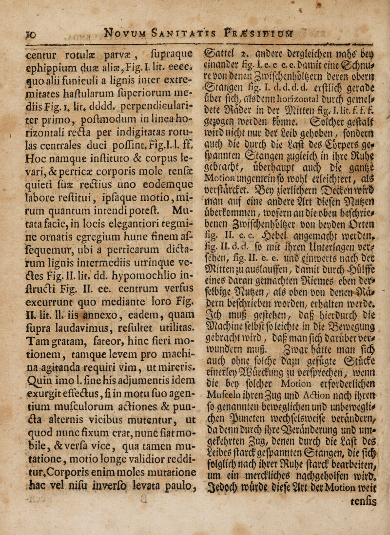 centur rotulse parvte, fupraque ephippium duae alia,-Fig. I. lit. cece. quoalii funiculi a lignis inter cxtre- jnitates haflularum fuperiorum me- diisFig.i. lit, dddd. perpendieulari- ter primo, poftmodum in linea ho- rizontali redla per indigitatas rotu¬ la.s centrales duci poffint. Fig.I. l. ff. Hoc namque inftituto & corpus le¬ vari, & perticae corporis mole tenfe quieti fuee recti us uno eodemque labore retlitui, ipfaque motio,mi- rum quantum intendipotefl. Mu- tata facie, in locis elegantiori tegmi- ne ornatis egregium hunc finem af- fequemur, ubi a perticarum difta- rum lignis intermediis utrinque ve- dies Fig. II. lit. dd. hypomochlio in- ilrudli Fig. II. ee. centrum verfus excurrunt quo mediante loro Fig. II. lit. 11. iis annexo, eadem, quam fupra laudavimus, refultet utilitas. Tam gratam, fateor, hinc fieri rao- tionem, tamque levem pro rnachi- na agitanda requiri vim, ut mireris. Quin imo 1. line his adjumentis idem exurgit effedlus, li in motu fuo agen- tium mufculorum adliones & pun- dla alternis vicibus mutcntur, ut quod nunc fixum erat,nunC fiat mo¬ bile, &verla vice, qua tamen mu- tatione, motio longe validior reddi- tur,Corporis enim moles mutatione hac vel nifu inverfo kvata paulo, ©affel 2. anbere betgletcben mt)€ bep member fig. i; e. e c.e. pamit cine ©d)nu* re eon benen gmifd)enbof|etn ’Oeven obent ©mngen % I. d.d.d.d. etfllicl gerabe fiber ftcb/dgbennhorizontal turd) gemel* bete Haber in bee bitten fig. I. lit. f. f. f. flejogefl reerben flume. ©ofcbet geflalf iwt’b ih'cIk nuv bet £etb geboben, fonbem and) bte burcb bie Soft beg £btperg ge* fpewnten ©tangen jugietd) in tt>te 0iut)« gebracbf, ubevbaupf aucb bie ganie Motion imgenfrin fo n>ol)l etleidbfett, ab5 eerflatefet Q3ei) jterltcbetn ©ecfeti witb man auf eitie anbere 31rt btefen Valets fiberfommen, voofetn an bie oben befebtie* benen 3ietf#enbbl|et eon beyben Otten fig. H. c. c. ^sebel angemacbt wetbett, fig. Ii. d. d. fo mit ipvcn llnterfagen eet? fefien, fig. II. e. e. unb emteertg nad) bee Swiftenjuauglauffen, bamit burd) -ipfitffe eineg batqn gemad)ten Htemeg eben bet* fcfbrge en, alg oben eon benen £Ra* ~ bern befdjrteben roorbeti/ erbalten teetbe. 3cf> mug gcjleben, bag btetburd) bie Hlacbinefelbflfoletcbfe tn bte Q5eteegung gebracbf tettb, bag man fid) batubet eer* leutibem map. §»ai* bade man ftclj micf) o!)ne fo(0e bajtt geffigte ©tlcfe einetley ‘JCfircfung ju eevfpredjen, menu bie bep fotcljec Motion evfotbet(td)en Mufceln tl)ven 3ug unb Adion nad) tl)tert fo genannteti beieegltd>enunb unbeweglt* d>en i)>uncfen teecbfelgteetfe eetanbem, babennbuvd) tl)te^Serdnbentng unb urn* gefebrten Bug, benen burcb bte Safi bes Setbeg flarc!ge|Vannten ©tangen, bte ft$ felgltd) nac|> ibret Hube flarcf bearbetten/ urn ein mercfltcbeg naebgebolfen mstb, 3ebofb i^wrbe blefe bet Motion teeft tenfis