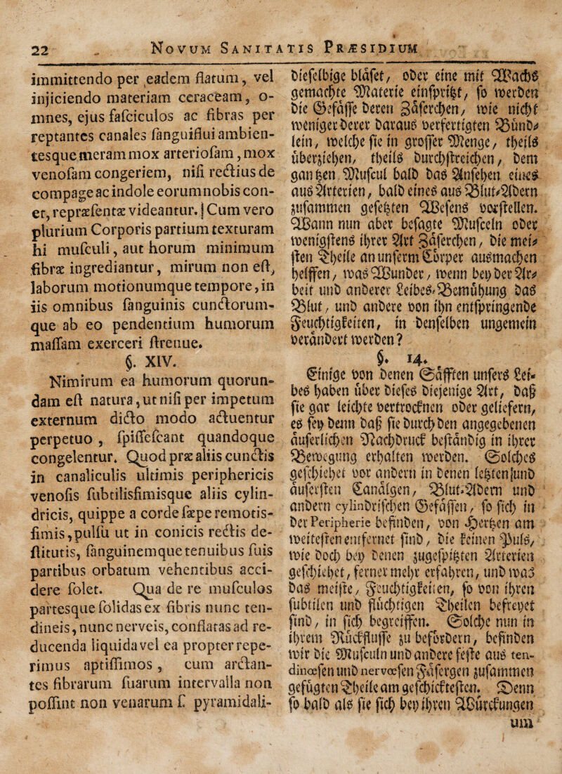 immitcendo per eadem flatum, vel injiciendo materiam ceracearo, o- xnnes, ejus fafciculos ac fibras per reptantcs canales (anguifluiarabien- tesque meram raox arteriofam, mox venofam congeriem, nifi rediusde compage ac indole eorumnobiscon- er, reprscfents videantur. I Cum vero pturium Corporis partium texturam hi mufculi, aut horum minimum fibre ingrediantur, mirum non eft, laborum motionumque tempore,in iis omnibus fanguinis cundorum- que ab eo pendentium humorum maiTam exerceri ftrenue. §. XIV. Nimirum ea humorum quorun- dam eft natura,ut nifi per impetum externum dido modo aduentur perpetuo, fpiflefcant quandoque congelentur. Quod pre aliis cundis in canaliculis ultimis periphericis venofis fubdlisfimisque aliis cylin- dricis, quippe a corde fsepe remotis- fimis ,puliii ut in conicis redis de- ftitutis, languinemquetenuibus fins partibus orbatum vehcntibus acci- dere folet. Qua de re mufculos partesque folidas ex fibris nunc ten- dineis,nunc nerveis,conflarasad re- ducenda liquidavel ea propter repe- rimus aptiffimos, cum ardan- tes fibrarum fuarum intervalla non poflint non venarum £ pyramidali- biefelbige bldfet, ober etrte mit <3X?acb^ gemadjte ‘tSJiaterie einfprtfct, fo metben bie ©efaffe berett S^fcrdjen/ wte nicf>f weniger Deter baraug oetfertigten 33finb# kin, roekfie fie tn groffer '®ienge, tfieilg ubctjiefien, tbeilg burd)fireid>cn, bem gan |en Sttufcul balb bag Slnfefien euieg augSfrterten, baibetneg aug QMukSIbern jufamtlten gefe|ten QCBefeng oorfiellen. 3Bann mm abet befagte 'tDlufceln ober voenigfieng ilyret Sirt gaferdien, bie met# fien ^fieile an unferrnSorper augmaefien fielffen, mao SCBunber, menn beg bet Sir# beit uitb anberet £eibe^Q5rmubung bag QSIuf / unb anbere oon tt>n entfpringenbe geurf)ttgfetren, tn benfelben ungetnein oeranbertmerben? §. 14. etnfge ton benen @afften unferg Sef« beb fiaben fiber biefeg btejenige SIrt, ba§ fie gar lcid)te oertroefnen ober geliefern, eg feg benn baft fie burefiben angegebetten auferlicfien SRacfibcucf befianbtg in ifirer 35en>egtmg evbalten werben. @o!d)eg gefcl)iel)et m anberti in benen lenten|unb auferjien Sanaigen, ^Mut.SIbem unb anbern cylinbrtfcfien ©efajfen, fo fid) in ber Peripherie befinben, pen Jjetpen am iteitefrenentfernet finb, bie Fetnen ^uls, mie bod) bet) benen $ugefpi$ten Slttertett gefd)iebet,fernermel)t erfalyrcn, unb road bag meifte / fyeud)tigFeiien, fo Pott ifiren fubtilen unb fifiefitigen $l>eilcn beftepet finb, in fid) begretflen. ($o!d)e nun in it)vem SRucffltiffe ju beforbern, befinben voir bie SJlufcttln unb anbere fefie attg ten- dincefen unb nervafen §afergen jufammen geffigten $beile am gefdficf teficn. S)enn fo balb a(g fie fieft bep tfiren SLGurcfungen uni