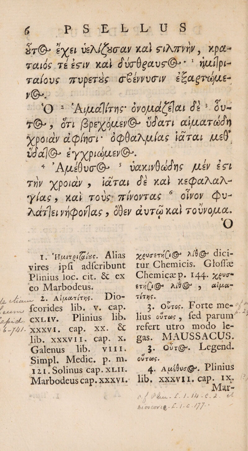 ■kKll^(rav ml ^-iKTrynv, >tp(X- rai6( T£ sr/y Jtai cT' »jtt,tlpt- TaiQvi TTupsTSf (r<omv(riy i^a^rccjus- y©-'.' ^ 'O  ^AijuixliTW ovo/xa^Hai cfs ^ ou- T©* > OTl j3ps‘^d//.sy@^ vJ'ciTl ul/XCCTOCxS^tt ^poicty ci(p(t]<rt‘ ocpQocAfxtas laTca ^ vJal&' iyYjpmfx^y^. 'AftsQucr© ' mKiy^d(^t]( fxiy in Tflv ^poiciy f icLTCii <^i X-Ctl 'KscpuKciK-^ yloig, Kul Tovs': TTtyoyTixs ^ oiyoy c^u- ?^c(T]siy}j(poyluf p oQsy avT^KUt Tovyo/nx.. 'O Alias vires ipii adfcribunt Pimius ioc. cit. 6c ex eo Marbodeus. Ai>^TtT>j?. Dio- fcorides lib. v. cap. cxLiv. Plinius lib. XXXVI. cap. XX. & lib. XXXVII. cap. x. Galenus lib. viii. Sitnpl. Medie, p. m. 121. Solinus cap. xlii. Marbodeus cap. xxxvi.* f y///. dici¬ tur Chemicis. Gloffe Chemical p. 144* t/tjj?. 3. OuTOf. Forte me- lius Qvrcag, fed parum' ' refert utro modo le¬ gas. MAUSSACUS. 5. o5t{^. Legend. c/ OVTWf. 4. AuiSuff®'. Plinius lib. XXXVII. cap. ix. ? Mar- l. J-114 .(.i. tA hl €Kt ^ - ^• I ■ ^ - O7' ' ''