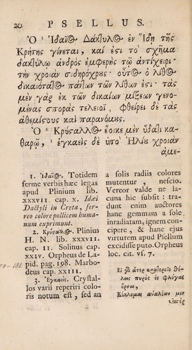 'O ' Icfa*©- AockIuA©-, h ’'lSn rn^ Kpiirrjf yfvsTCti, )ta/ sVt to' (r')(^/xci J'aKjvAa) afcfpof SjU(pgpii( tm am%?jpr Tw y^potdy (TidnpoXP^^ ' ovri^ o A/9©^ dix.ccioTuj®-' TTcxylccy Tooy AiQooy srt' />tsV yd^ im rdv div-ctioav fxi^ioay yivo- fXiyctg (T/TOpa? TiKsioH , (p^stpsi, Si TCL9_ d^sjuiis^Qv^ ytocl Trccpocyqjtcsf. 'O ^ Kpv^ccAA®' eoMs /ziy vSdliKcc- SctpMf ^ iymsk Ss v^ro' 'HA/a xpoidy ayCCS- I. Totidem ferme verbis haec legas apud Plinium lib. XXXVII. cap. X. Id^l DaUyli in Creta ^ fer-^ reo colore pollicem huma“ num exprimunt, ' 2. Plinius H. N. lib. XXXVII. cap. II. Solinus cap. XXIV. Orpheus de La- /SS. pid. Marbo- deus cap. xxiii. *Ey‘itc&ei^, Cryftal- los varii reperiri colo¬ ris notum eft ^ fed aa a folis radiis colores mutentur , nefcio. Vereor valde ne la¬ cuna hic lublit i tra¬ dunt enim aiuSbores hanc gemmam a fole, inradiatam, ignem con-' cipere , 6e hanc ejus virtutem apud prellum excidifle puto.Orpheus loc. cit. vf. 7. ; Et ^ UTiQ K^h^oTo TTV^O? is Cph6yo(4 c^(ron 9 '^iKhOpkOi aVOihioiV