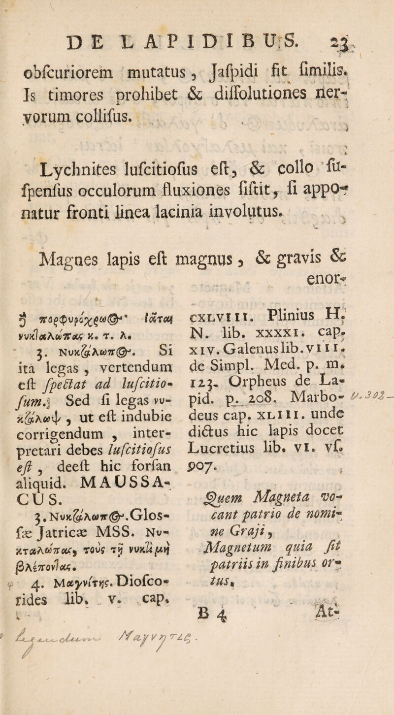 obfcuriorem mutatus 5 Jafpidi fit fimilis* Is timores prohibet & dilFolutiones ner¬ vorum collifus. ■ ■i Lychnites lufcitiofus efl, & collo fu- fpenflis occulorum fluxiones fiftit, fi appor natur fronti linea lacinia involutus. Magnes lapis eft magnus, & gravis & y. ^ i^Tcef K» T. A* J. NUJC^^AWTTf^. Si ita legas , vertendum eft fpe^at ad lufcitio» fum.i Sed fi legas vu- jcScAoJiI/ 5 ut eft indubie corrigendum , inter¬ pretari debes lufcitiofus eft 5 deeft hic forfan aliquid. M A U S S A- CUS. 5, Nox^^A«7r(^.GloS- fie Jatricae MSS. Nu- }tT«A«7rc«5 rovg TJJ VMKUl^iJ ^KiTTOvlcu;» f 4. Mo65^v('T»j?.Diofco* rides lib, v. cap* i. - enor- cxLViii. Plinius N. lib. xxxxi. cap* XIV. Galenus lib. VI11* de Simpl. Med. p. m* 125, Orpheus de La« pid. Pjt_2,o8. Marbo- deus cap. xliii. unde diftus hic lapis docet Lucretius lib. vi. vfi ^em Magfiefa eant -patrio de nomi^^ m Graji ^ Magnetum quia ftt patriis in finibus or* tus^ . i .