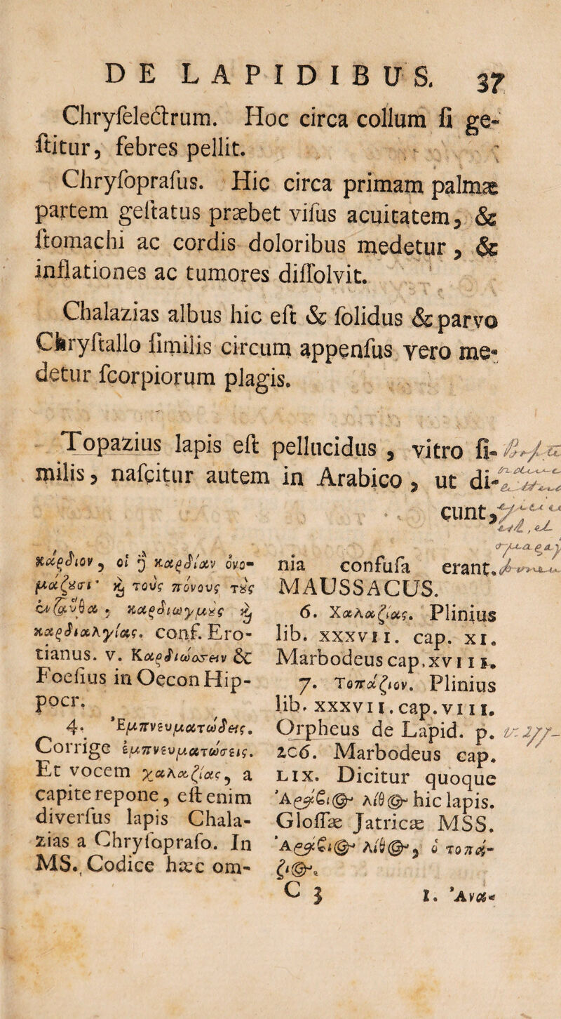 Chryfeledlrum. Hoc circa collum fi ge- ftitur, febres pellit. - Chryfoprafus. Hic circa primam palmas partem geltatus pr;ebet vifus acuitatem, & ftomachi ac cordis doloribus medetur j & inflationes ac tumores diflblvit. i Chalazias albus hic eft & Iblidus Sc parvo Cferyftallo fimilis circum appenfus vero me¬ detur fcorpiorum plagis. V. . • Topazius lapis eft pellucidus , vitro fi-^iVs' milis, nafcitur autem in Arabico, ut ^OC^S'lOV 5 Ot Q y-0i^^i{X>V OVO ^ touV Trovovg conf. Ero- tl3,nus. V. Kac^i^icoosetv 6C Foefius inOeconHip- pocr, 4. *Ef<‘7rveu^o6TajJ'«5-. Corrige ^f^TrvivfAocTooa-ng. Et vocem xccKoc,(;ac^ a capite repone 5 efienim diverfus lapis Chala- zias a Chryloprafo. In MS., Codice haec om Wl X JL W ^ nia confufa erant* MAUSSACUS. 6. Plinius lib. xxxvfi. cap. xi. Marbodeus cap.xv 11 7. ToTTol^tov, Plinius lib^ XXXVn. cap. vi 11, Qipheus de Lapid. p. tc6, Marbodeus cap. LIX. Dicitur quoque AiS@-hic lapis. GlolTas Jatricae MSS, ^ } 1. *AV0S-